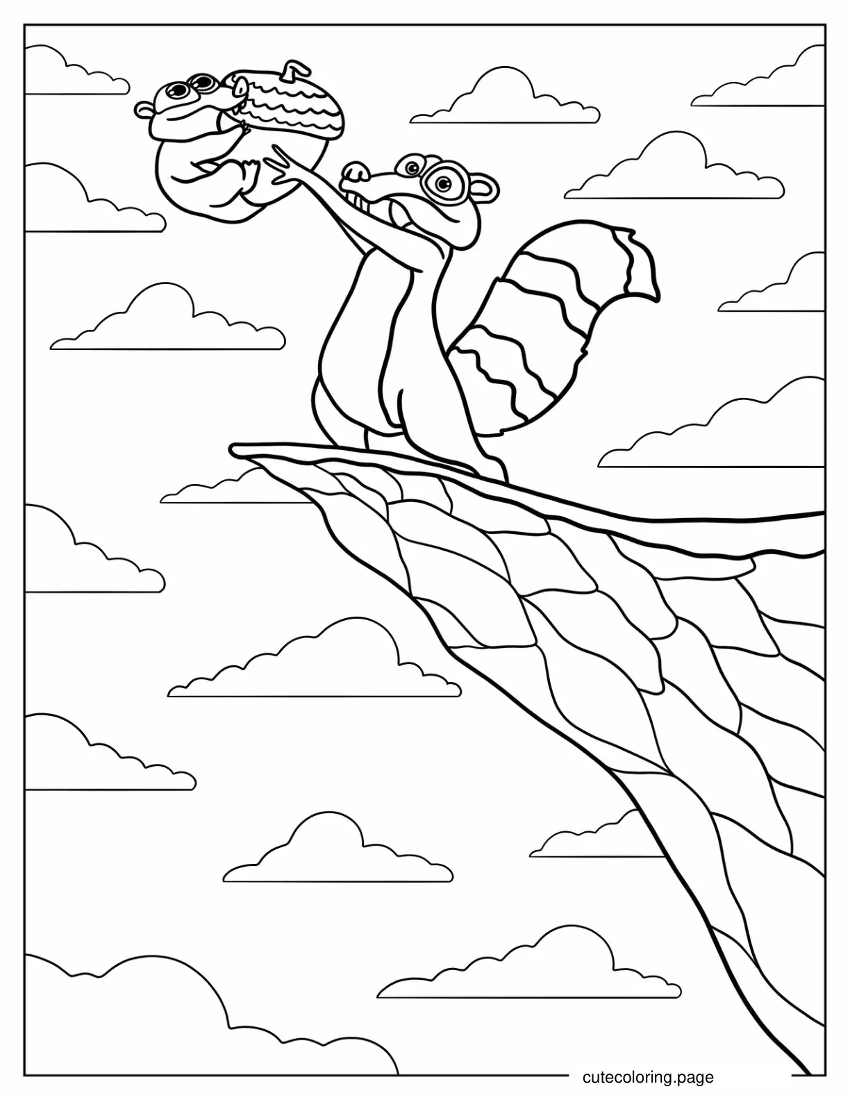 Scrat Holding Out Acorn With Baby Scrat Ice Age Coloring Sheet coloring page