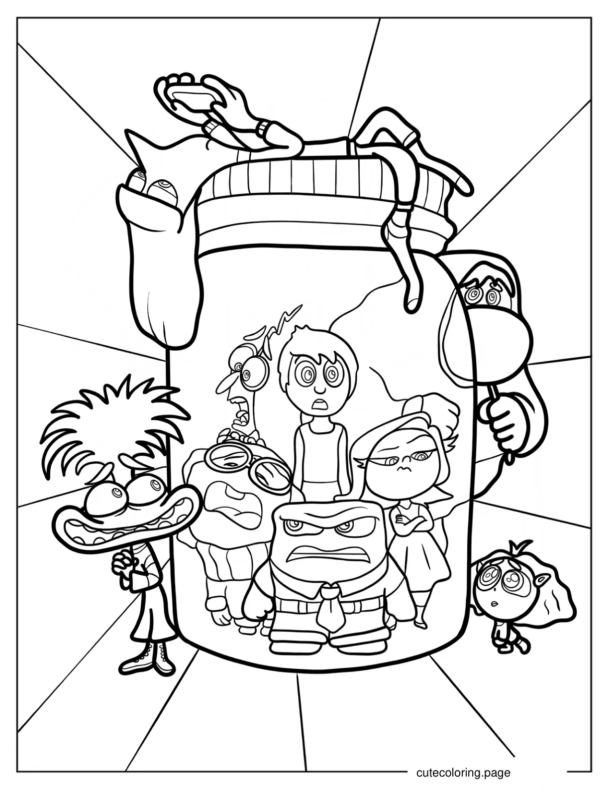 Envy Ennui Embarrassment Anxiety Locking Joy Sadness Disgust Fear And Anger In A Jar coloring page