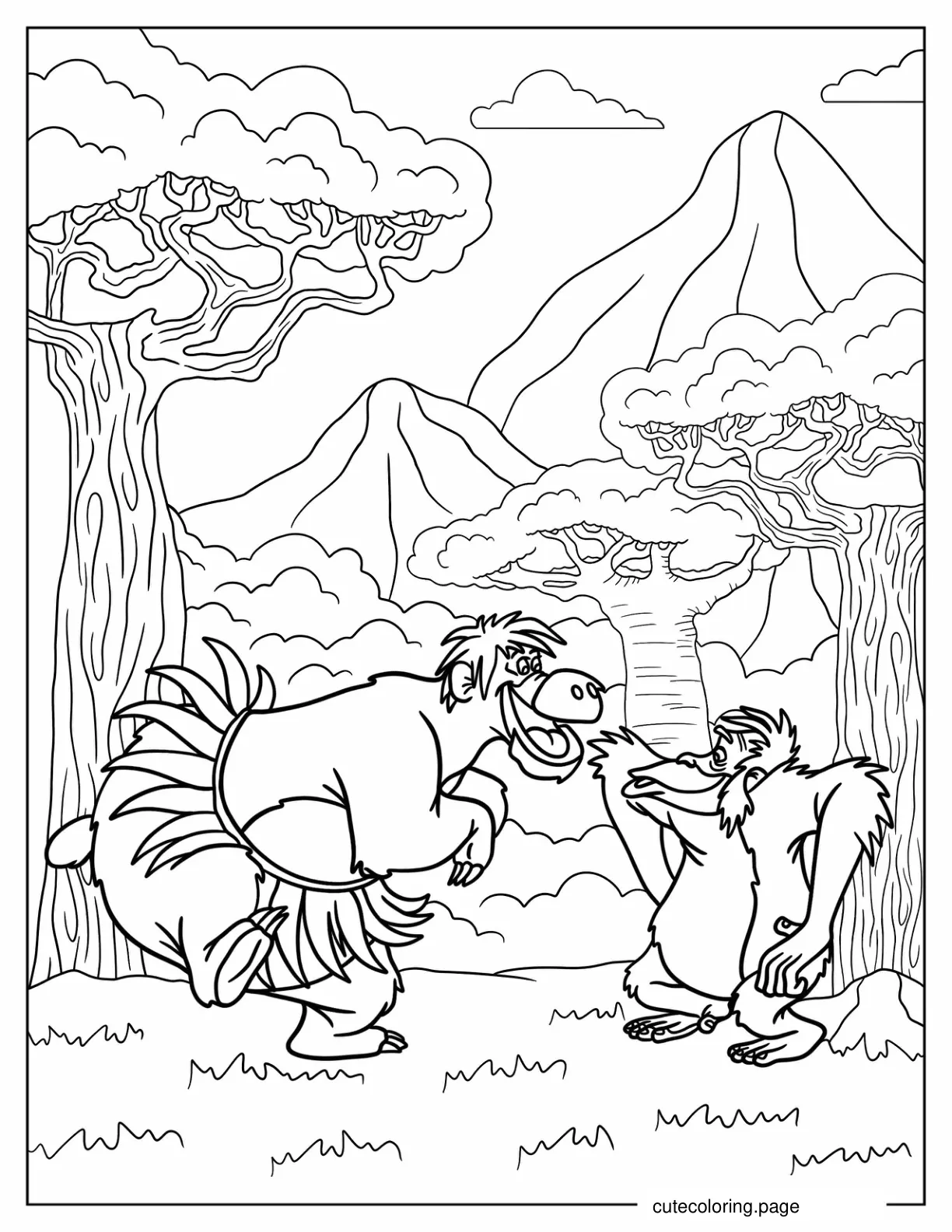 Baloo In Leaf Skirt Dancing With King Louie coloring page