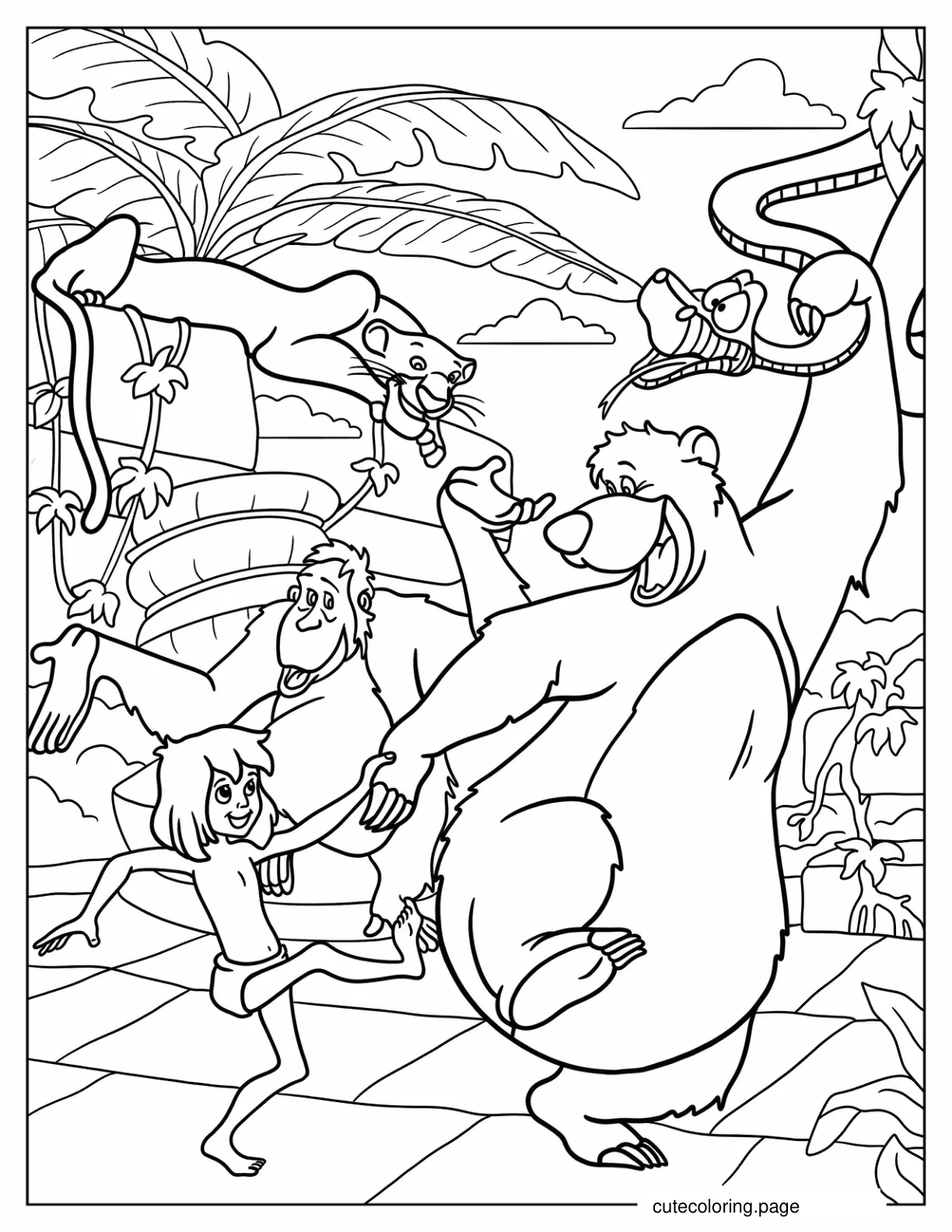 Jungle Book Baloo Mowgli Kaa King Louie And Bagheera Coloring Sheet coloring page