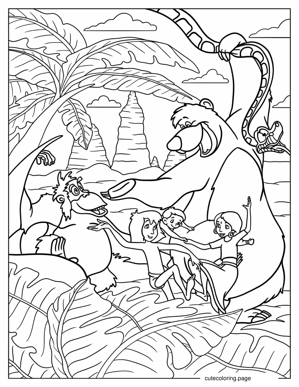 Mowgli Dancing With Shanti Ranjan Baloo King Louie And Kaa coloring page