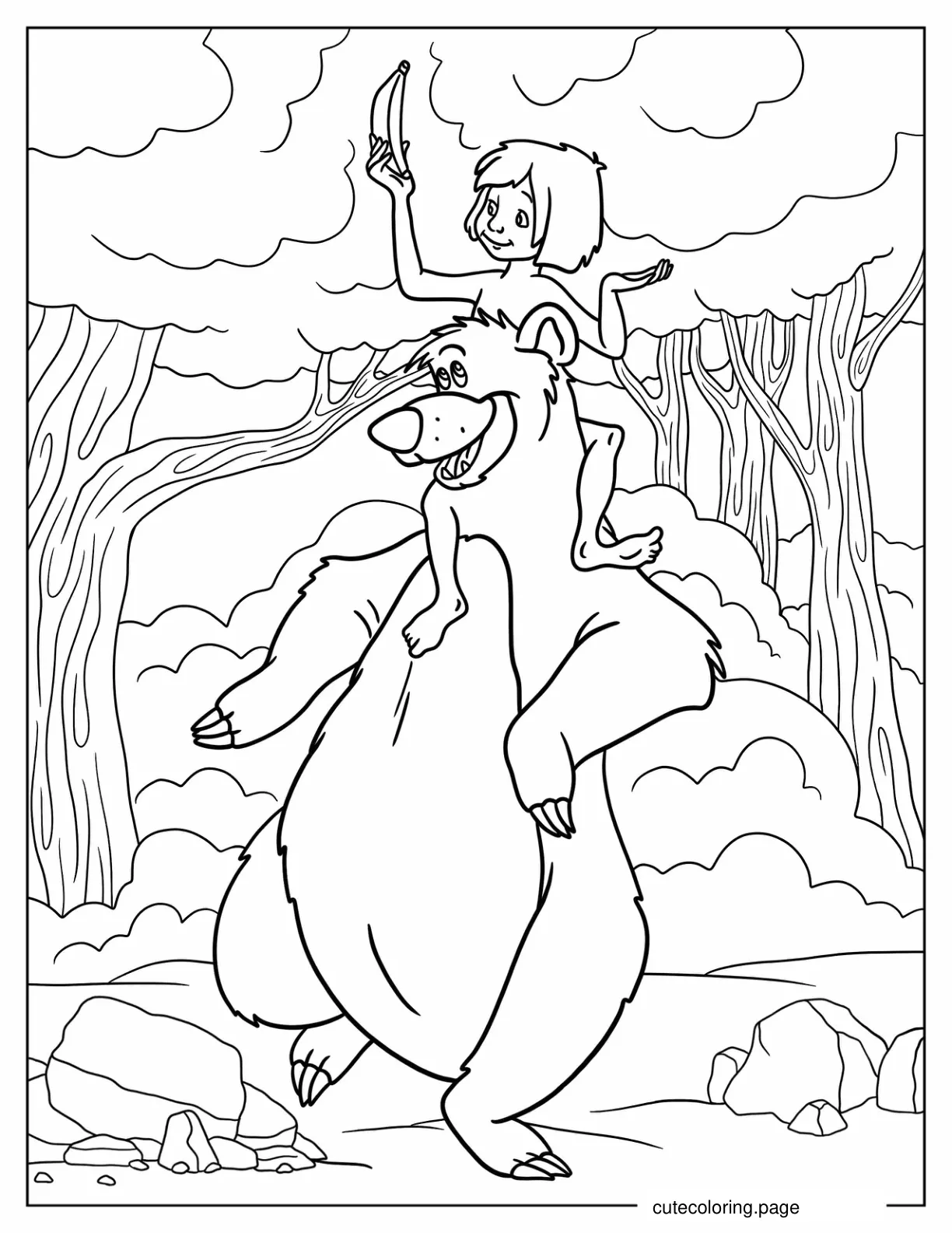 Mowgli Riding On Baloo_s Back Coloring Page For Kids coloring page