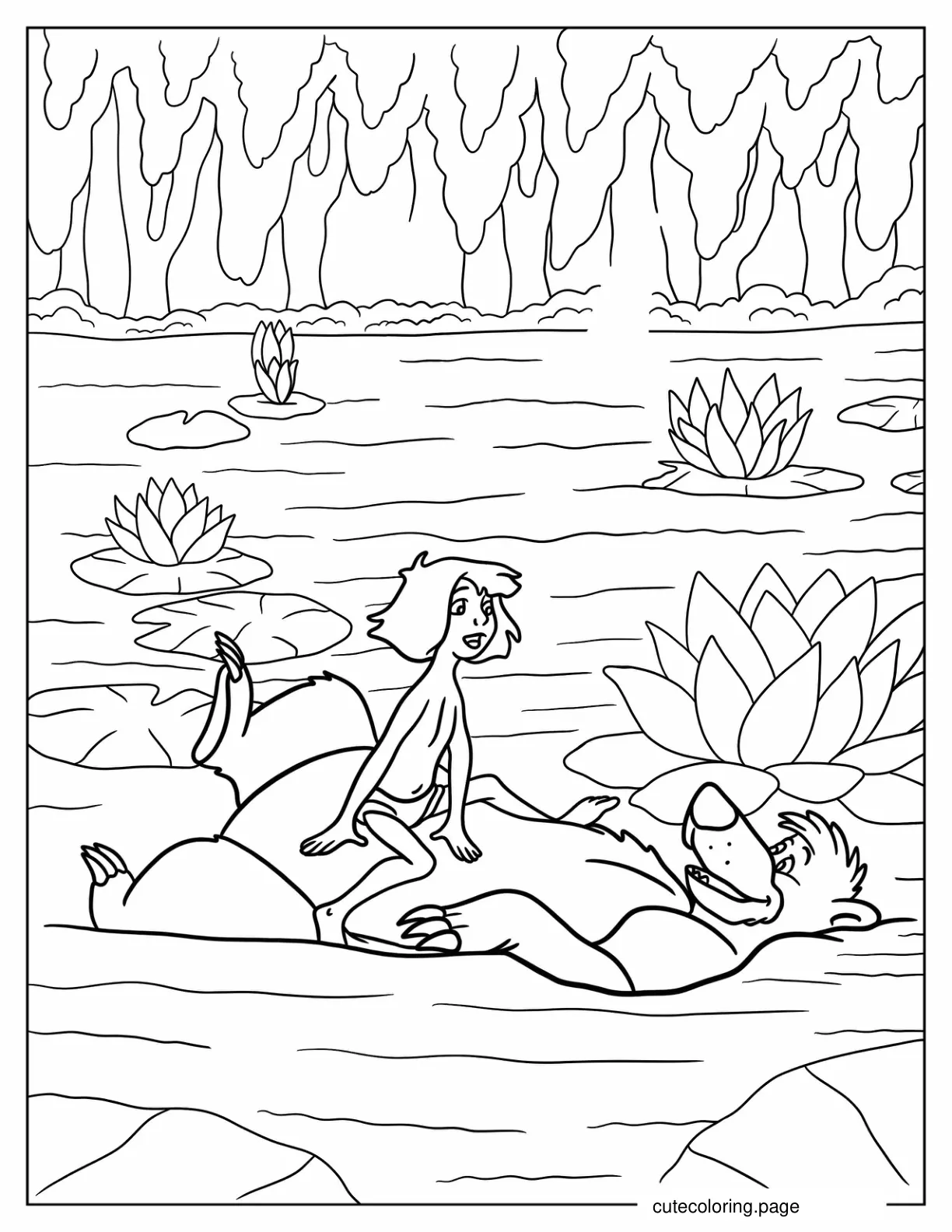 Mowgli Sitting On Top of Baloo While Floating In Water Coloring Sheet coloring page