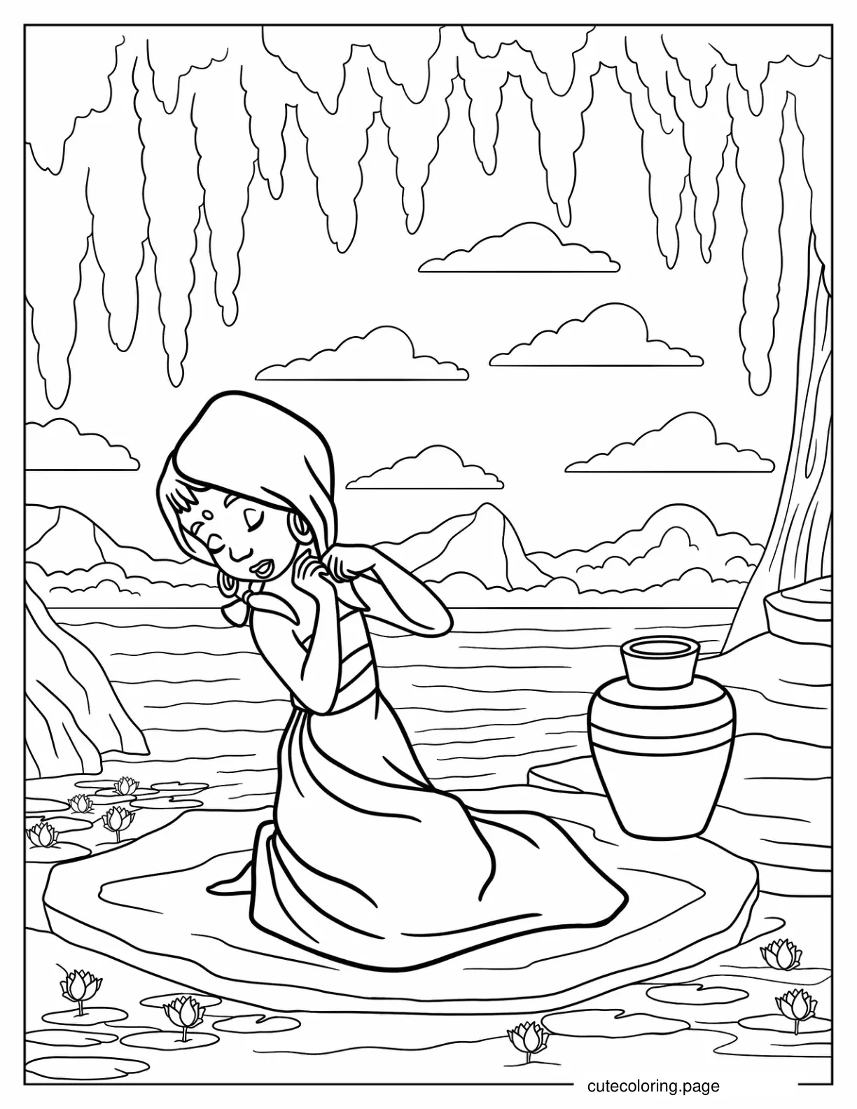 Shanti Fixing Her Hair While Sitting On Rock coloring page