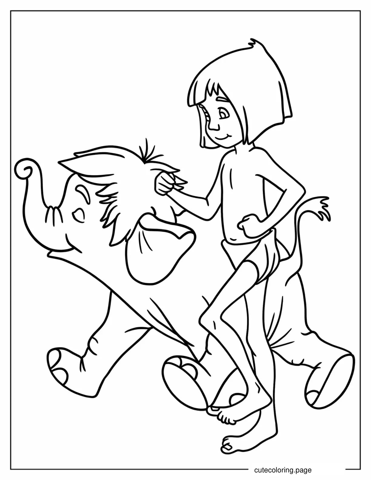 Young Mowgli Walking With Hathi Jr Coloring Page For Preschoolers coloring page