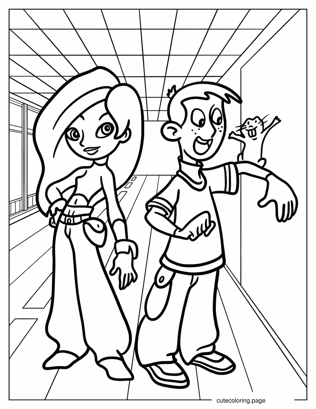 Cute Chibi Kim Possible With Ron Stoppable And Rufus Coloring Page For Kids coloring page