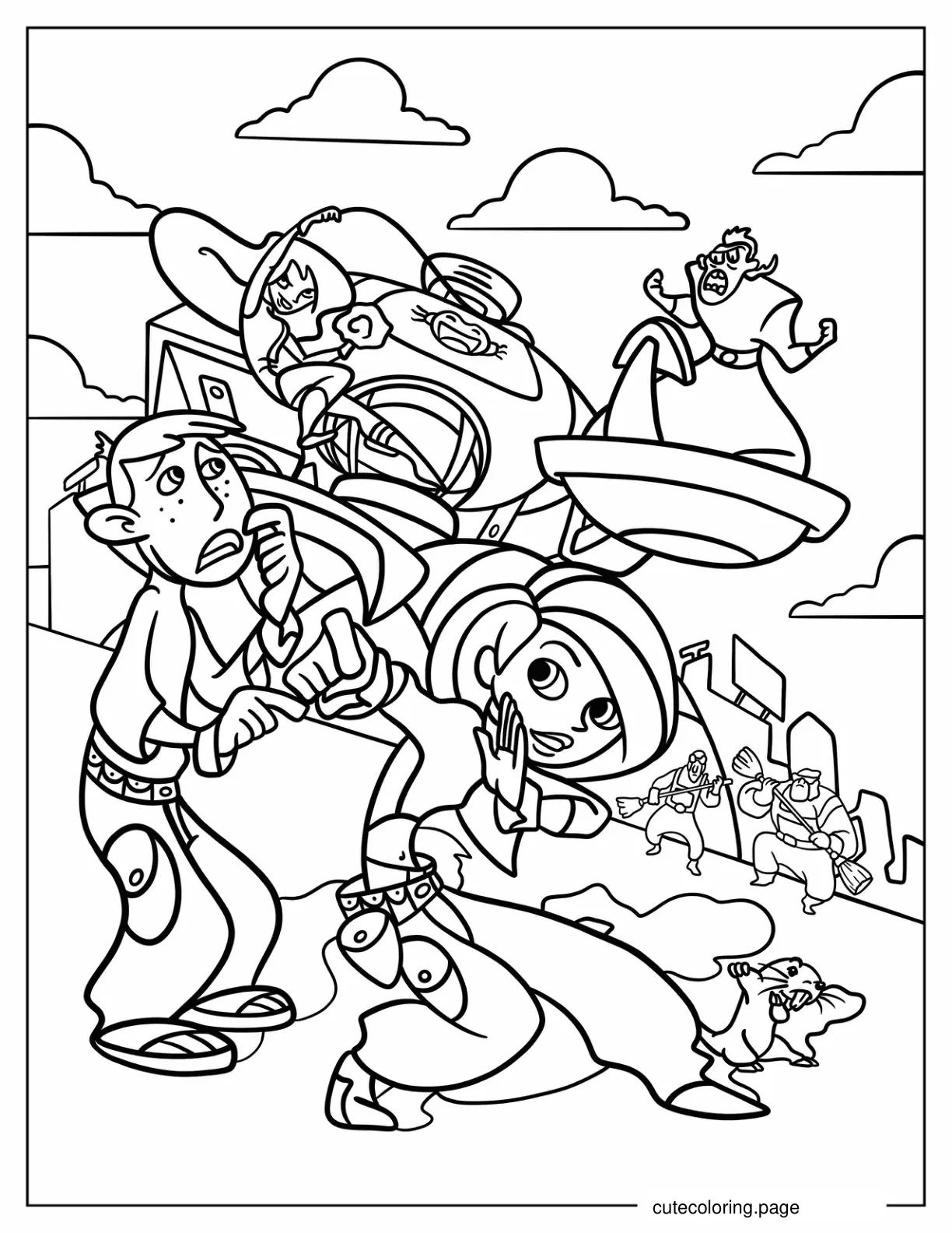 Kim Possible And Ron Stoppable Fighting Shego And Dr. Drakken coloring page