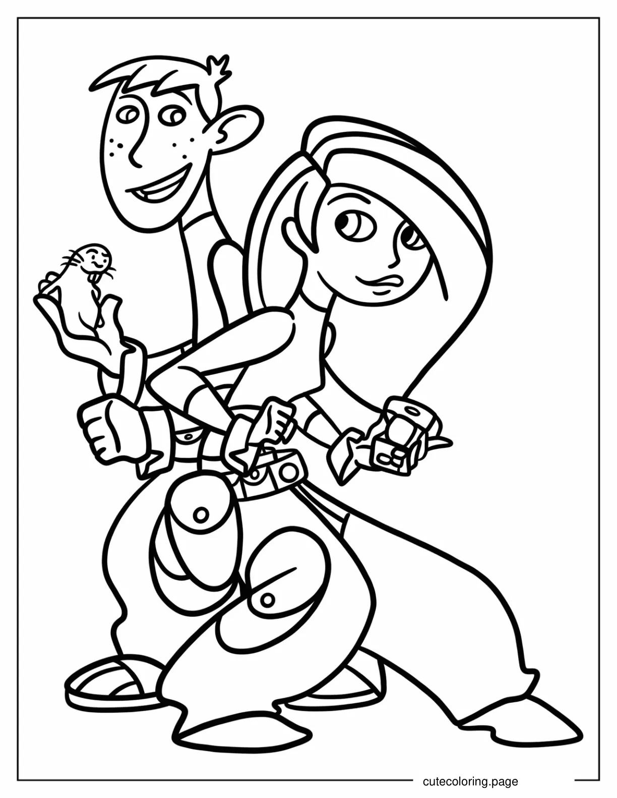 Ron Stoppable And Rufus With Kim Possible On A Mission Coloring Page coloring page