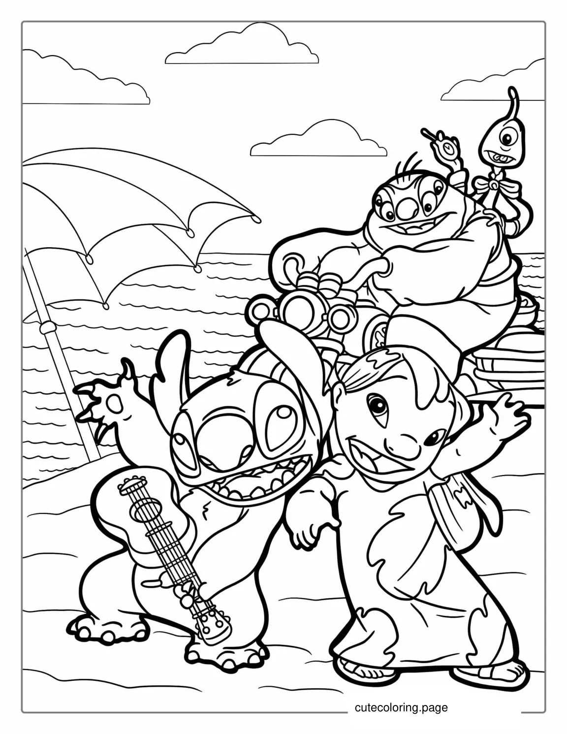 Coloring Page Of Lilo And Stitch On Beach With Jumba And Pleakley coloring page