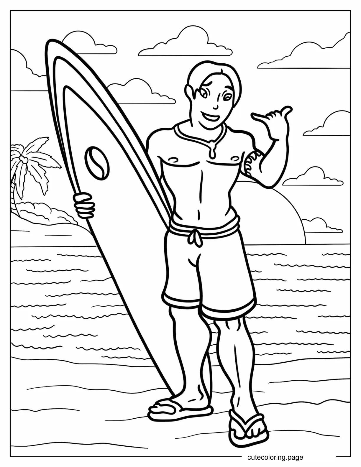 David At The Beach With His Surfboard Coloring Page coloring page