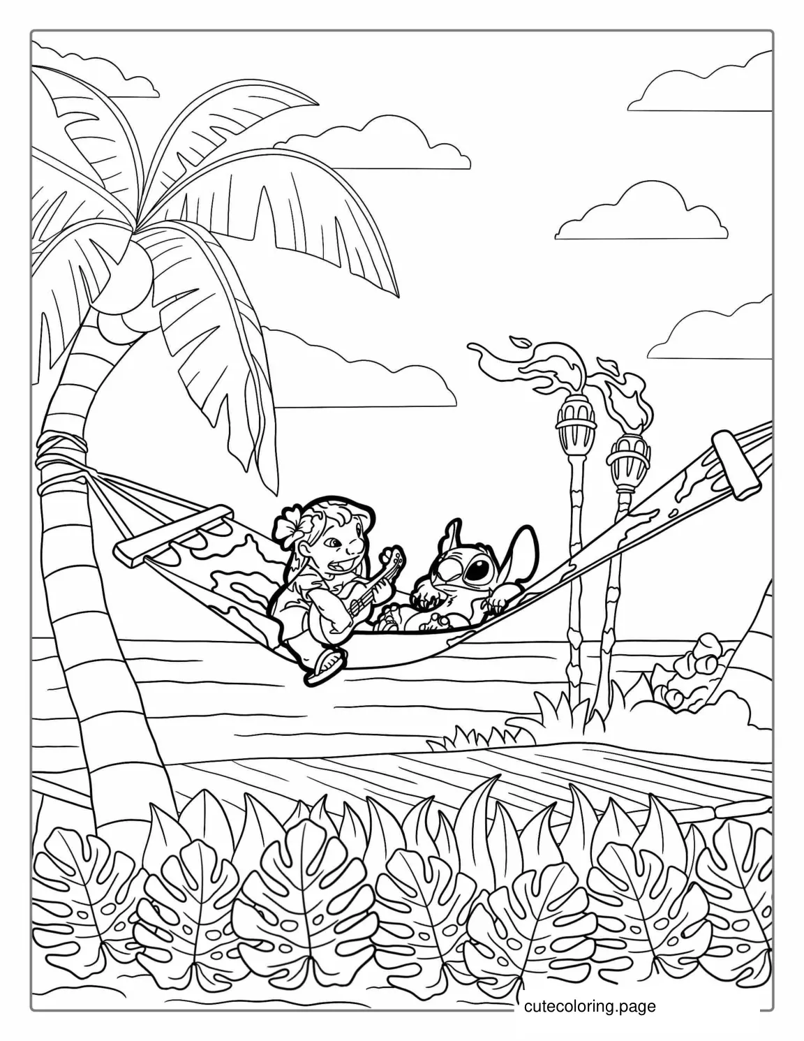 Lilo And Stitch Playing Guitar On a Hammock Coloring Page coloring page