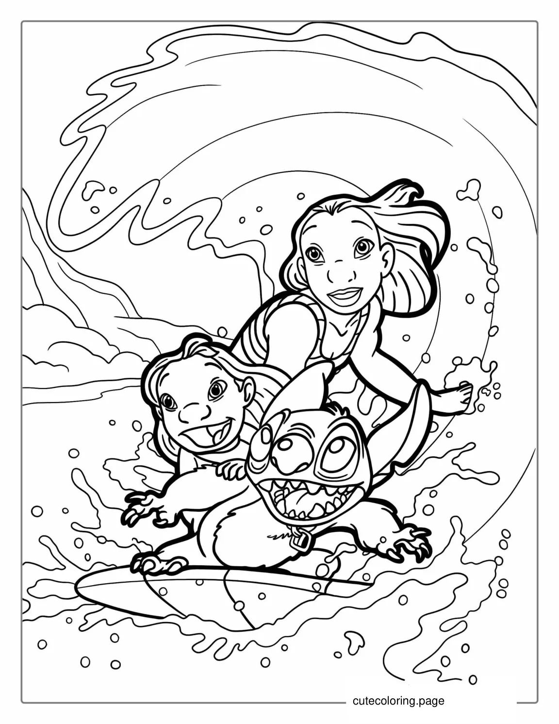 Lilo Stitch and Nani Pelekai Riding a Surfboard coloring page