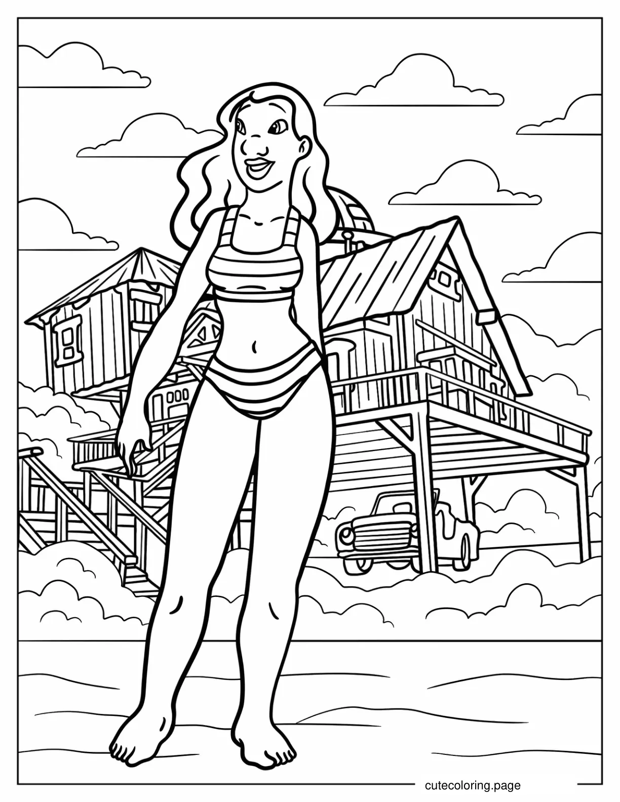 Nani Pelekai In A Bikini Outside Of Her House Coloring Sheet coloring page