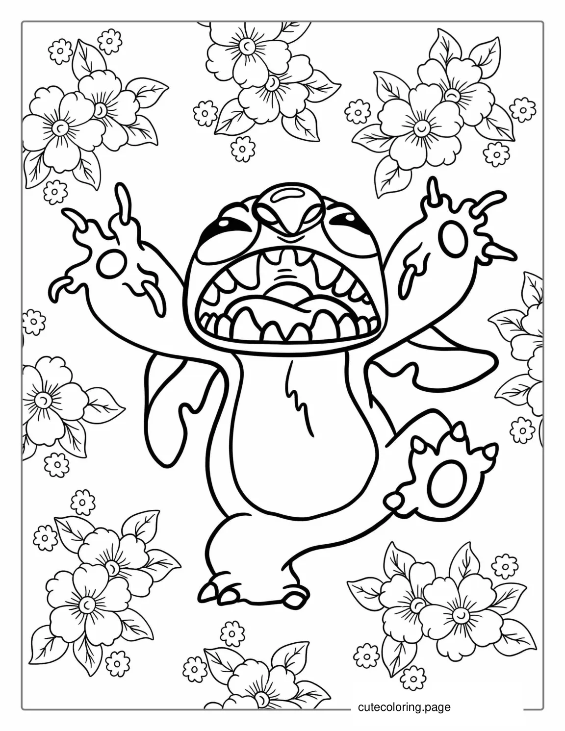 Scary Stitch With Hibiscus Flowers Coloring Page coloring page