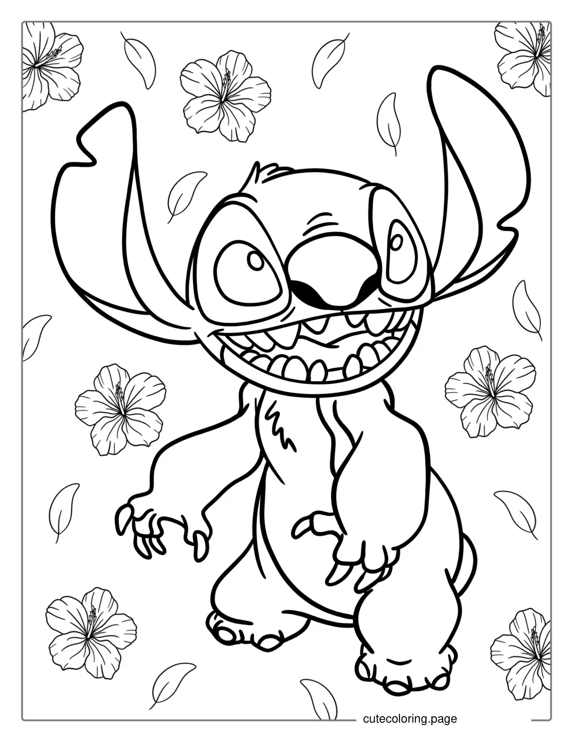 Simple Outline Of Stitch With Flowers To Color coloring page