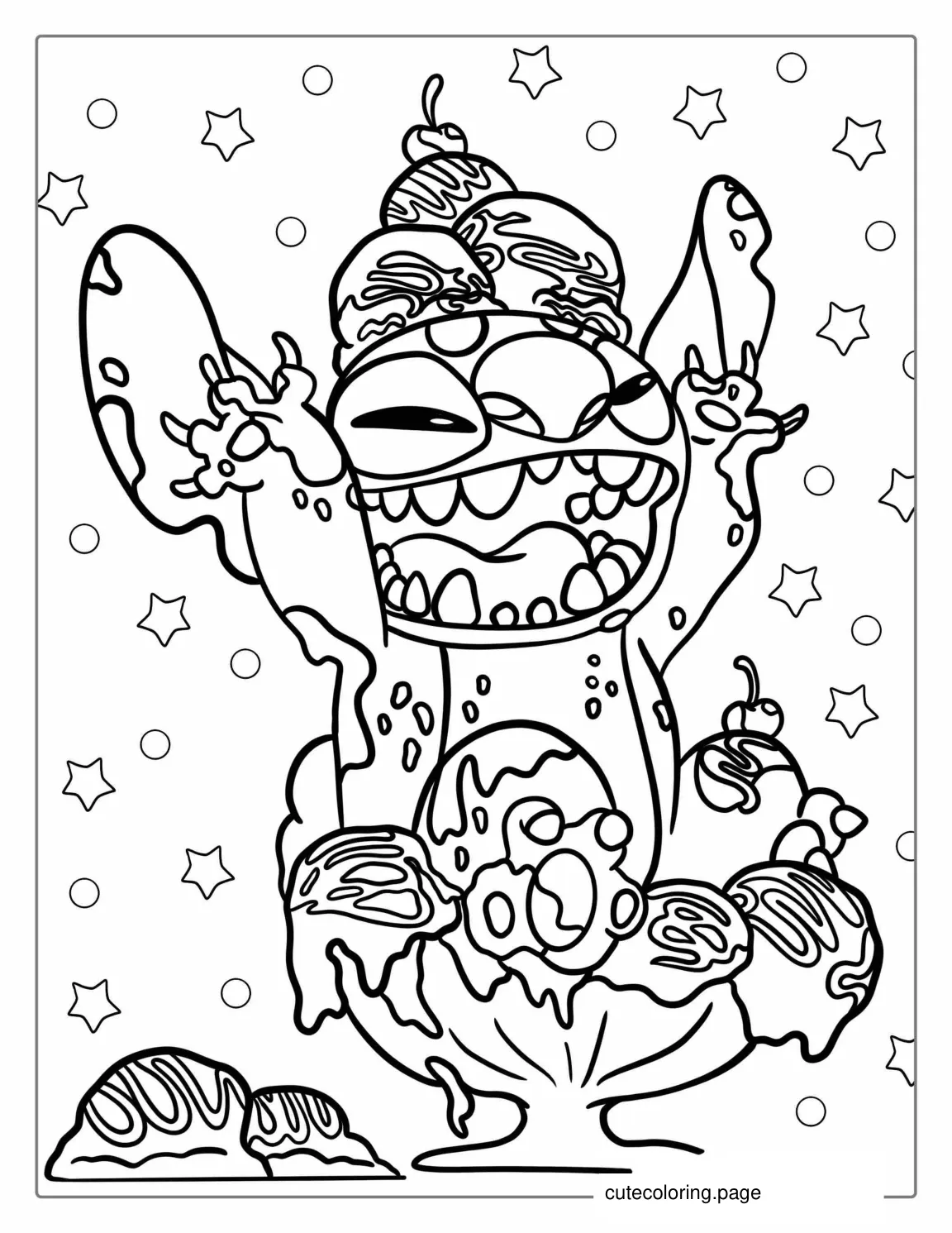 Stitch Playing In a Bowl Of Ice Cream To Color coloring page