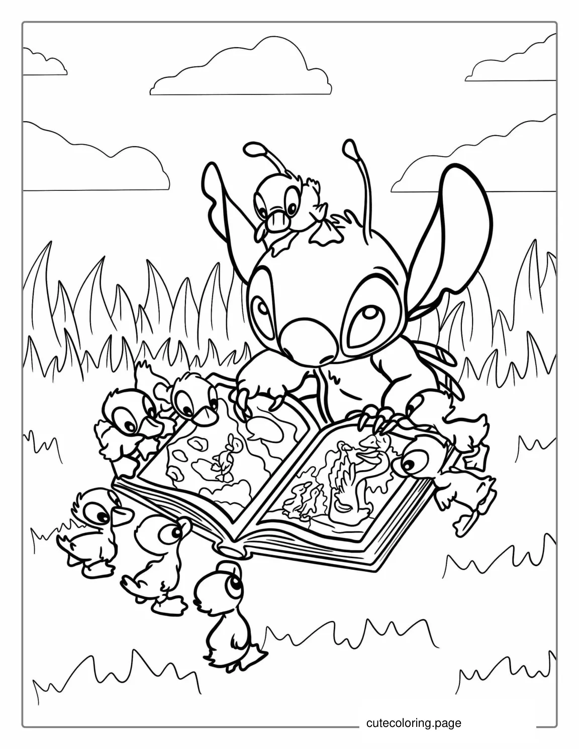 Stitch Reading a Book Do Duckings Coloring Page coloring page