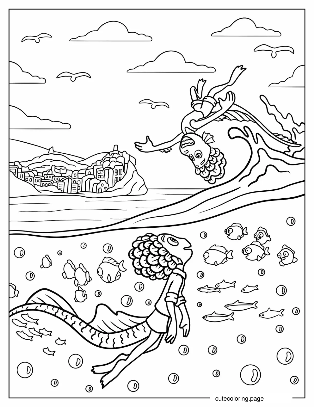 Alberto And Luca As Sea Monsters Playing In The Sea coloring page