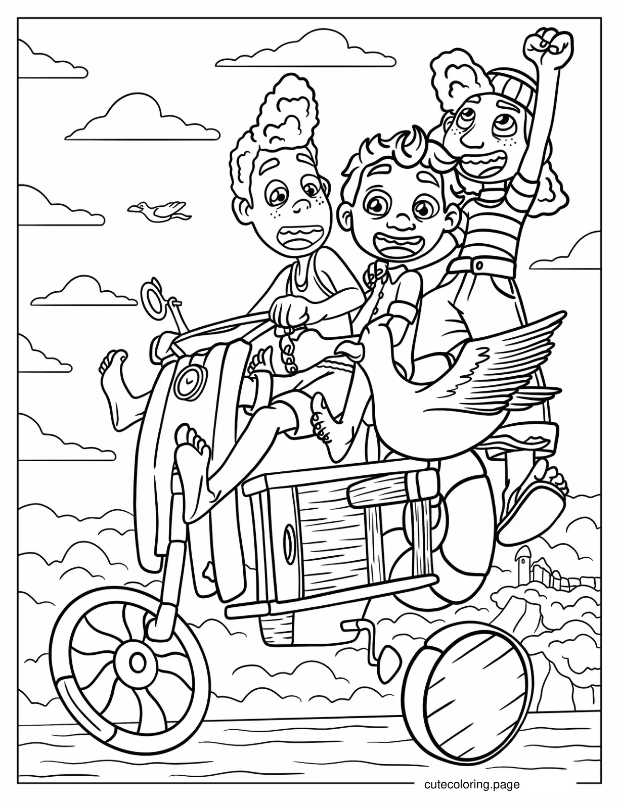 Alberto Giulia And Luca Riding Their Makeshift Vespa coloring page