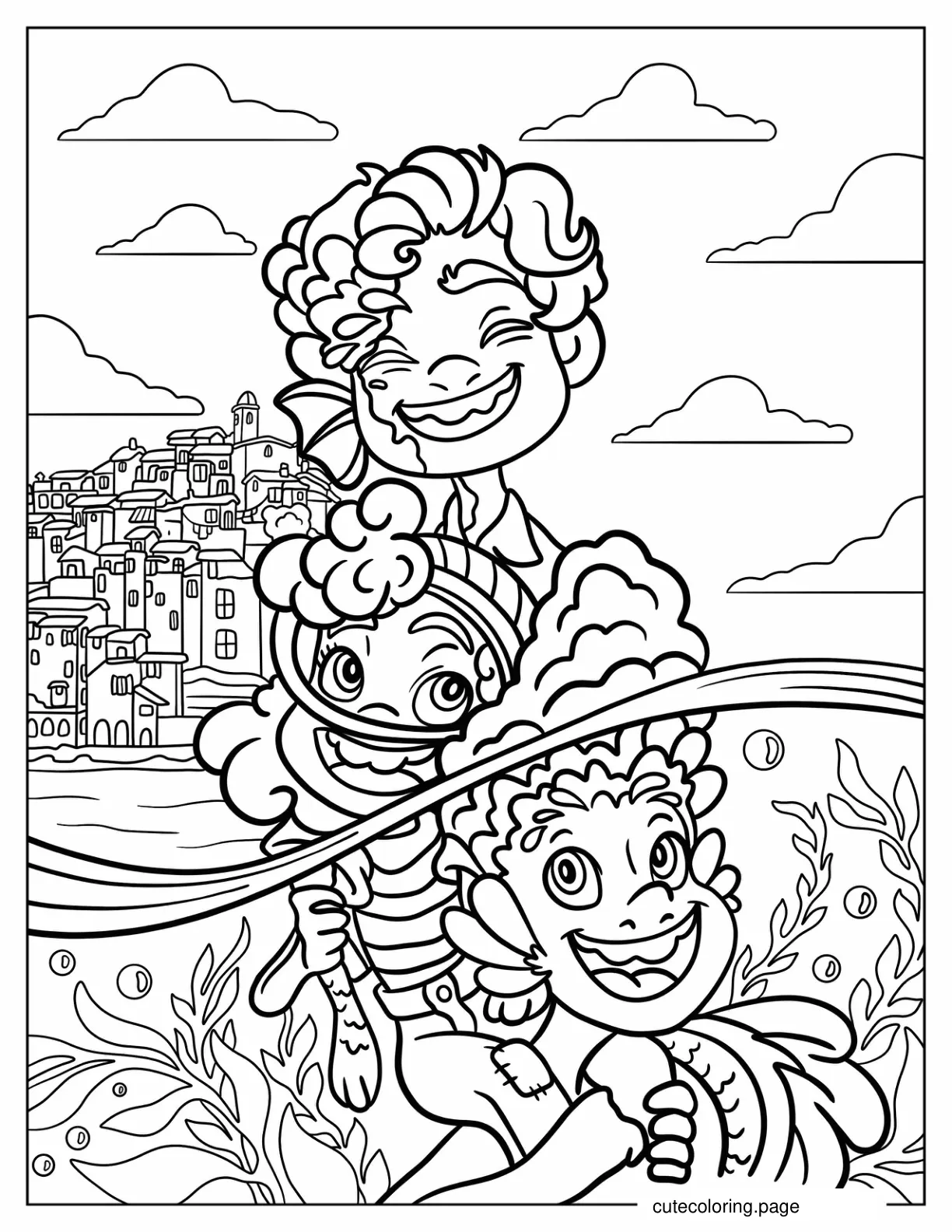 Giulia Alberto And Luca Playing In The Sea Coloring Page coloring page