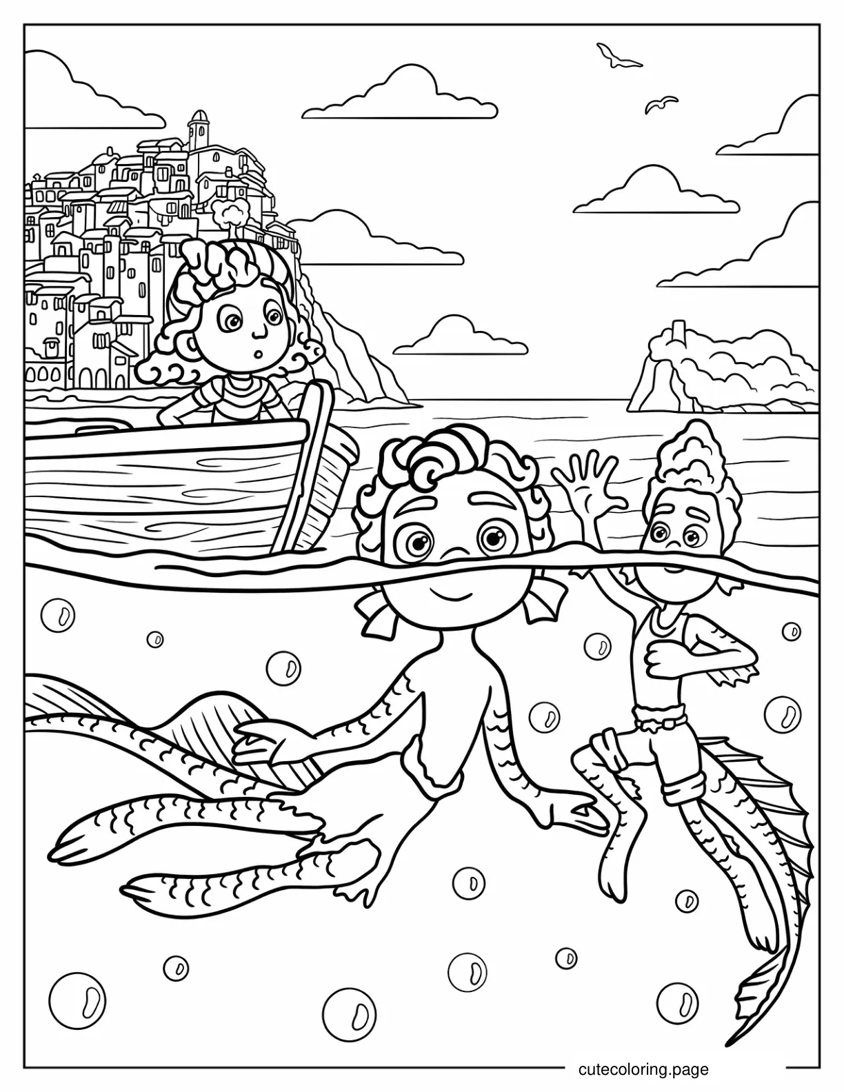 Giulia On A Boat While Luca And Alberto Swim Coloring Page coloring page