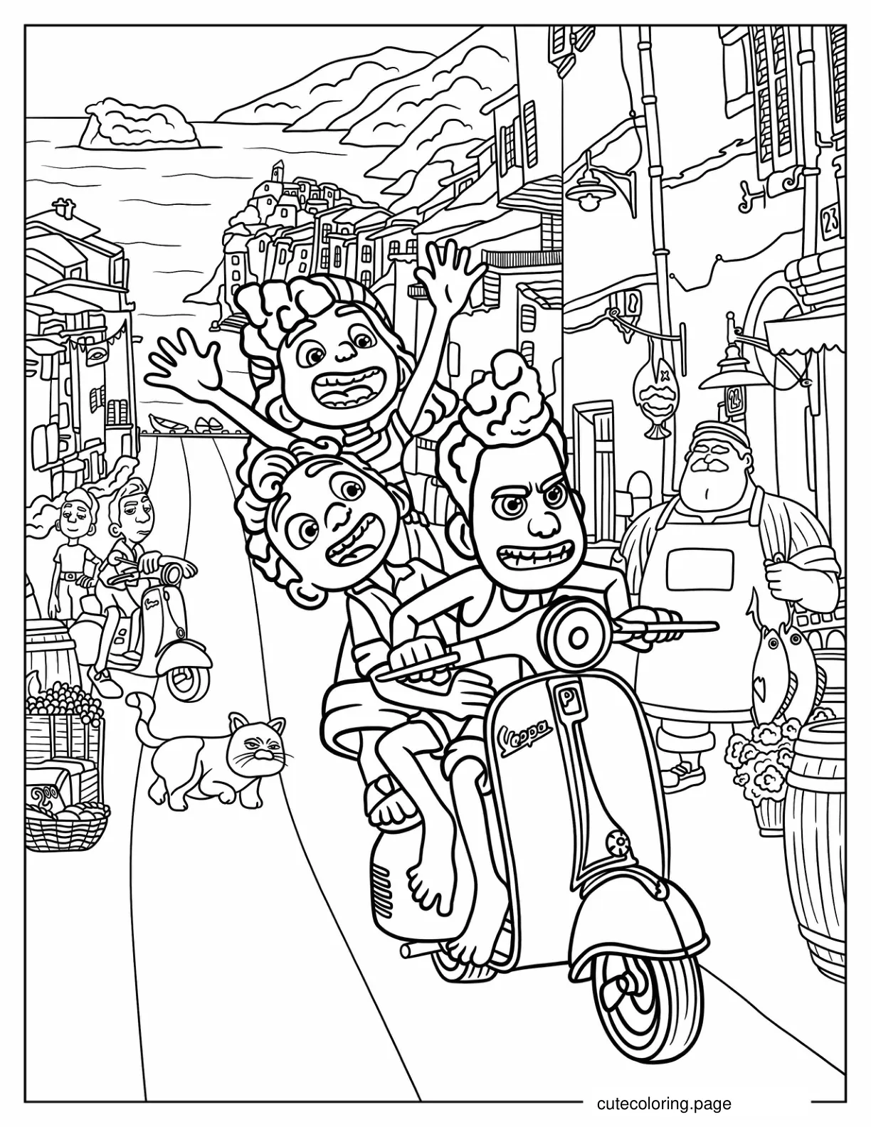 Luca Alberto And Giulia Riding Vespa In Portorosso Coloring Page coloring page