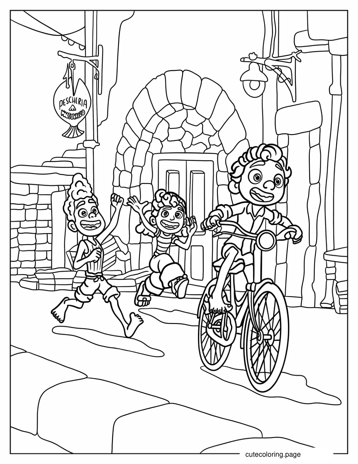 Luca Riding Bicycle While Alberto And Giulia Chases Him coloring page