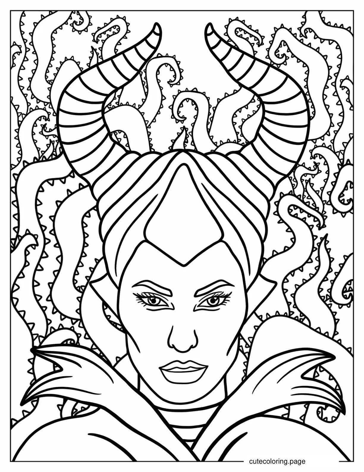 Close Up Of Maleficent With Thorny Background coloring page