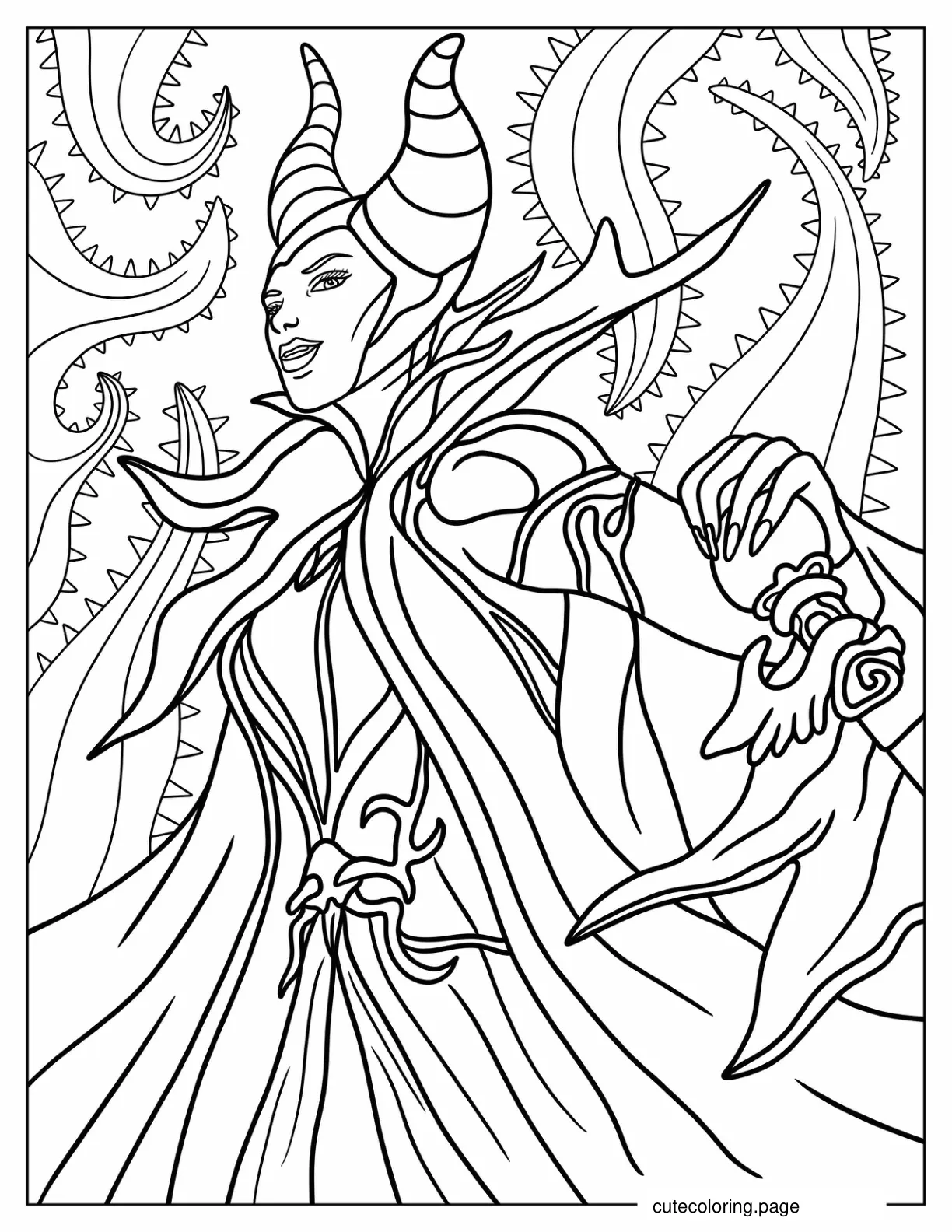 Detailed Maleficent With Thorny Background Coloring Sheet coloring page