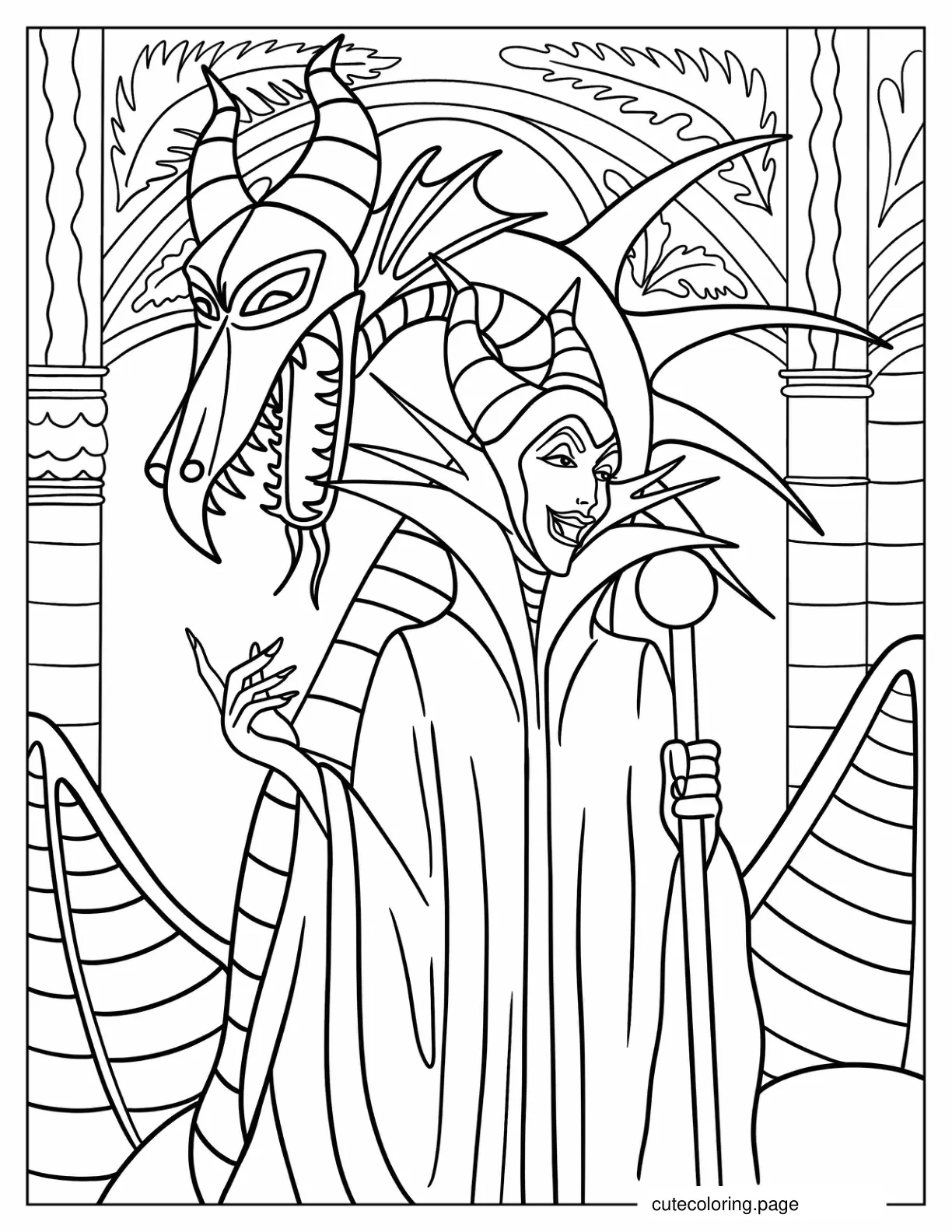 Disney Maleficent Smiling With Dragon Behind Her coloring page