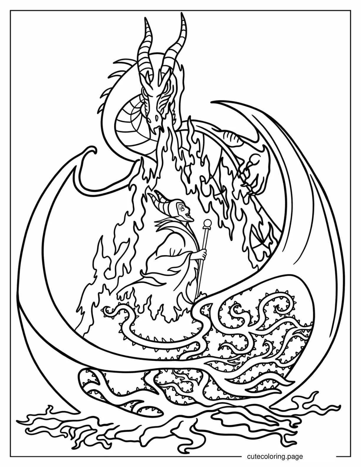 Evil Maleficent With Fire Breathing Dragon And Thorns coloring page