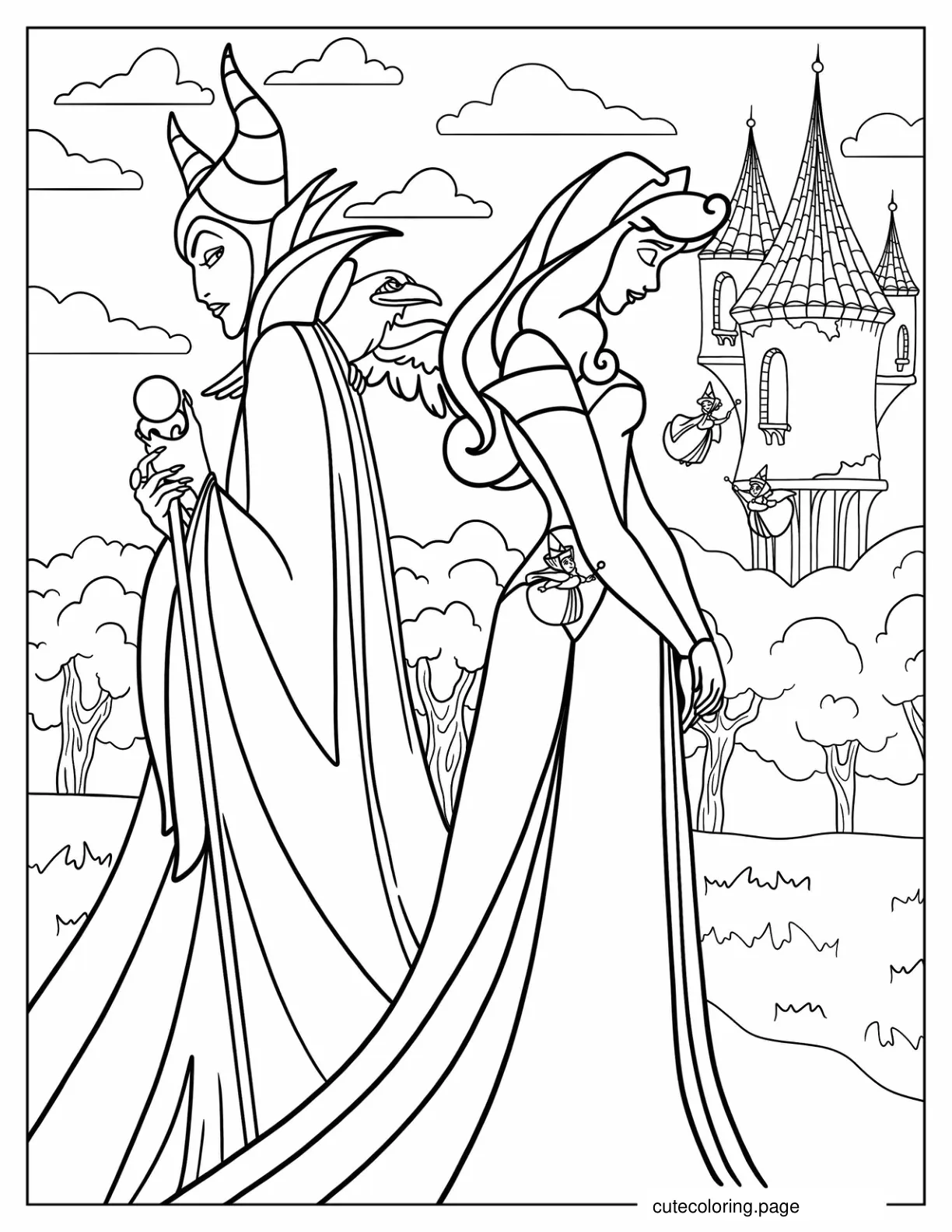 Maleficent Back To Back With Aurora Coloring Page coloring page