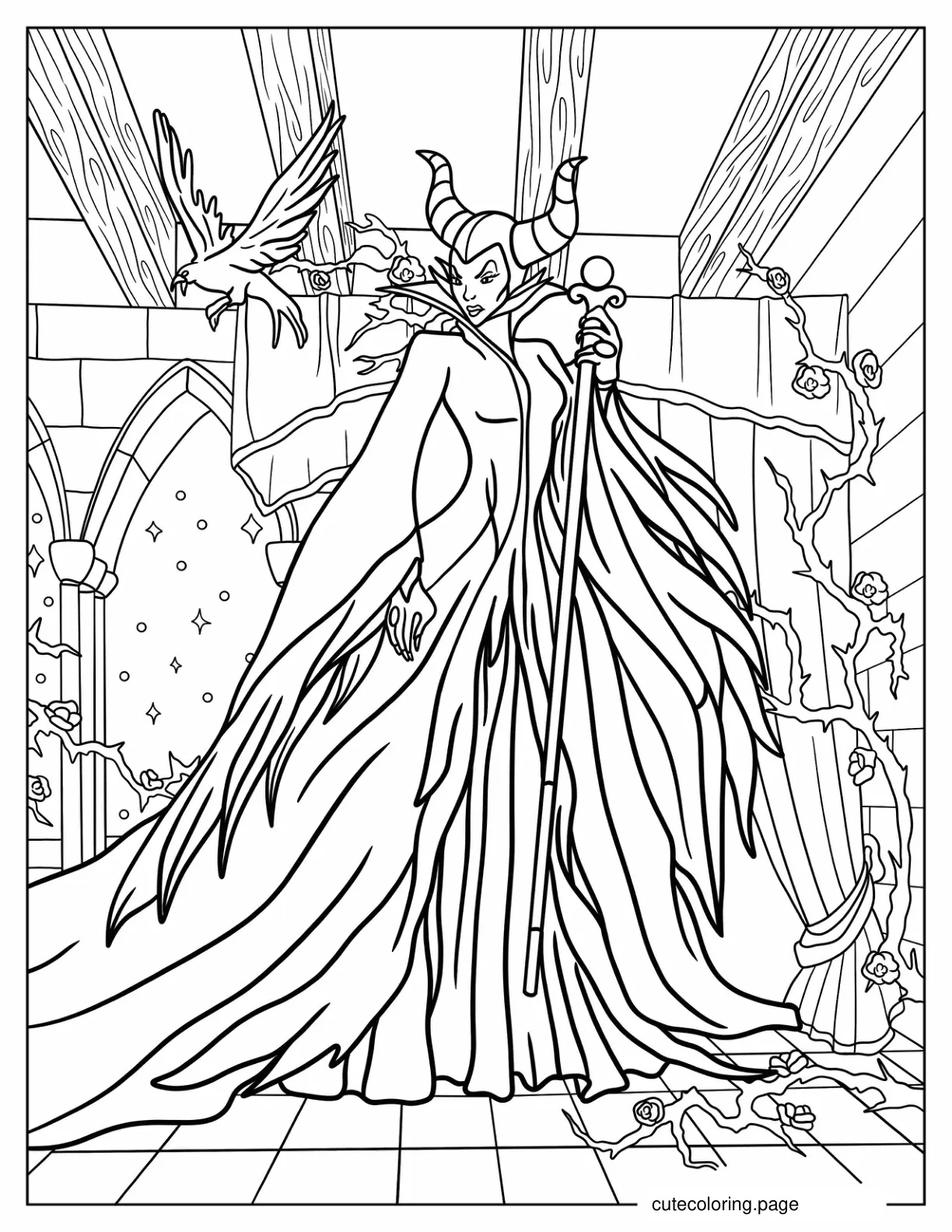 Maleficent Holding Staff Inside Castle Coloring Page coloring page