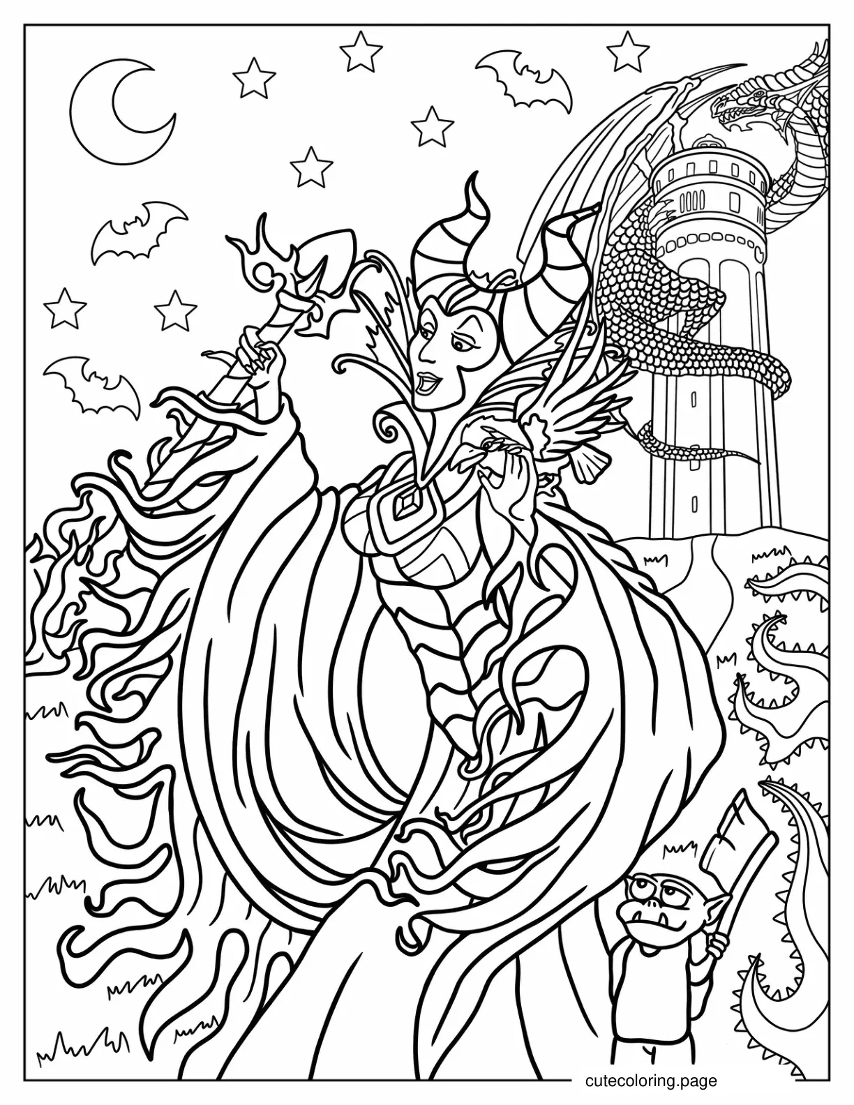 Maleficent Standing Outside Of Sleeping Beauty Tower With Dragon coloring page