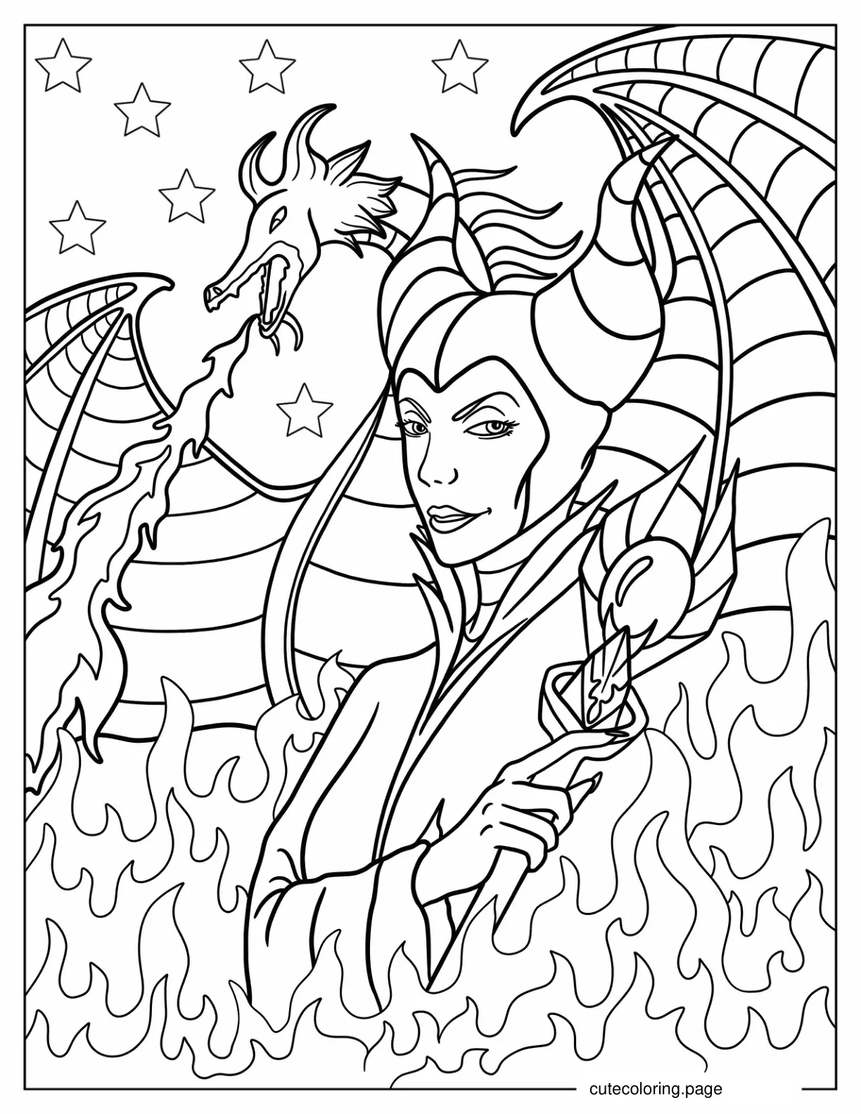 Maleficent Surrounded By Dragon Fire Coloring Sheet coloring page