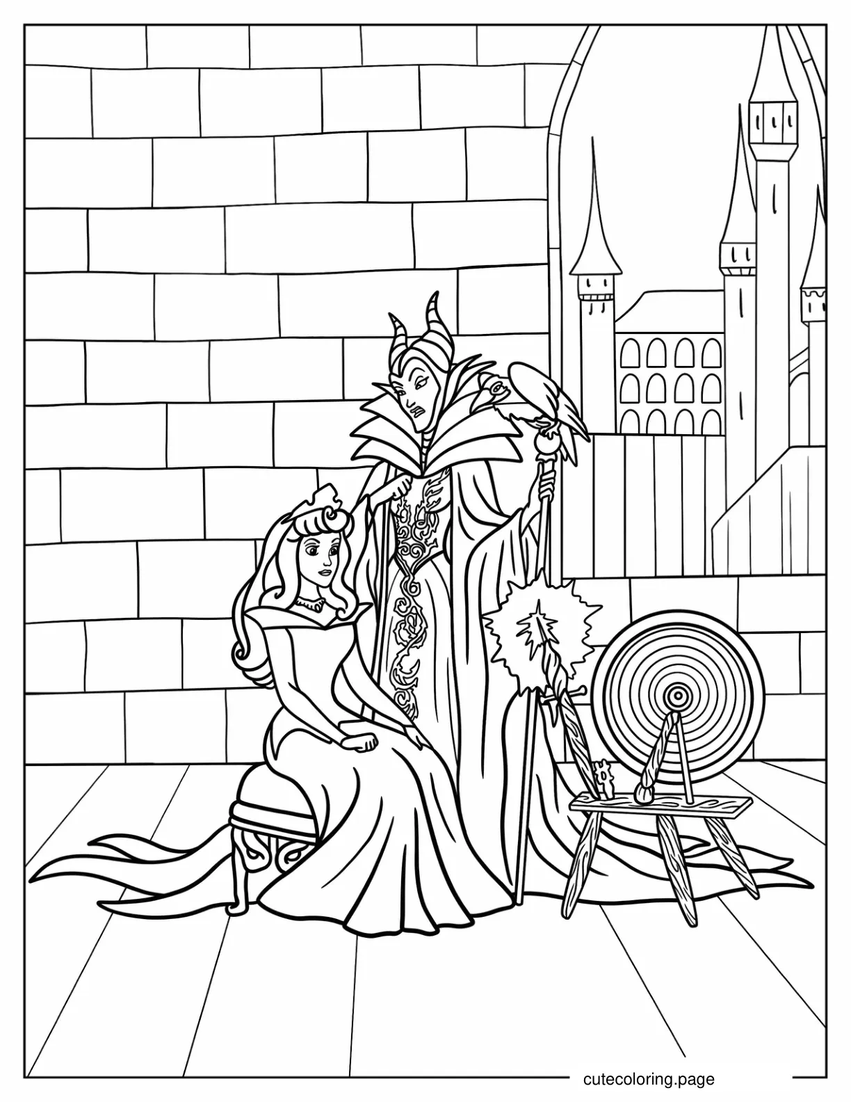 Maleficent Watching Aurora With Cursed Spindle coloring page