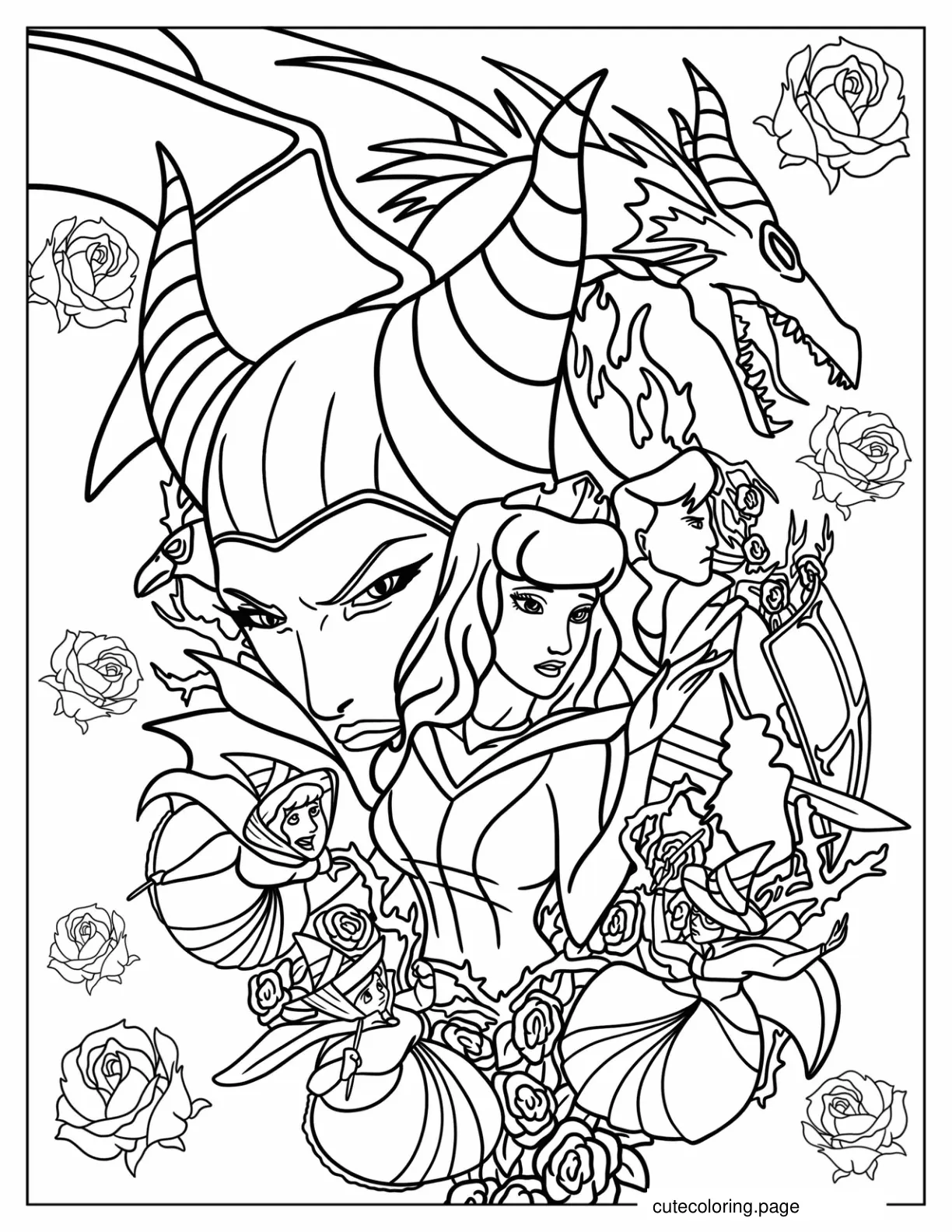 Maleficent With Aurora Fairy Godmothers And Prince Poster coloring page