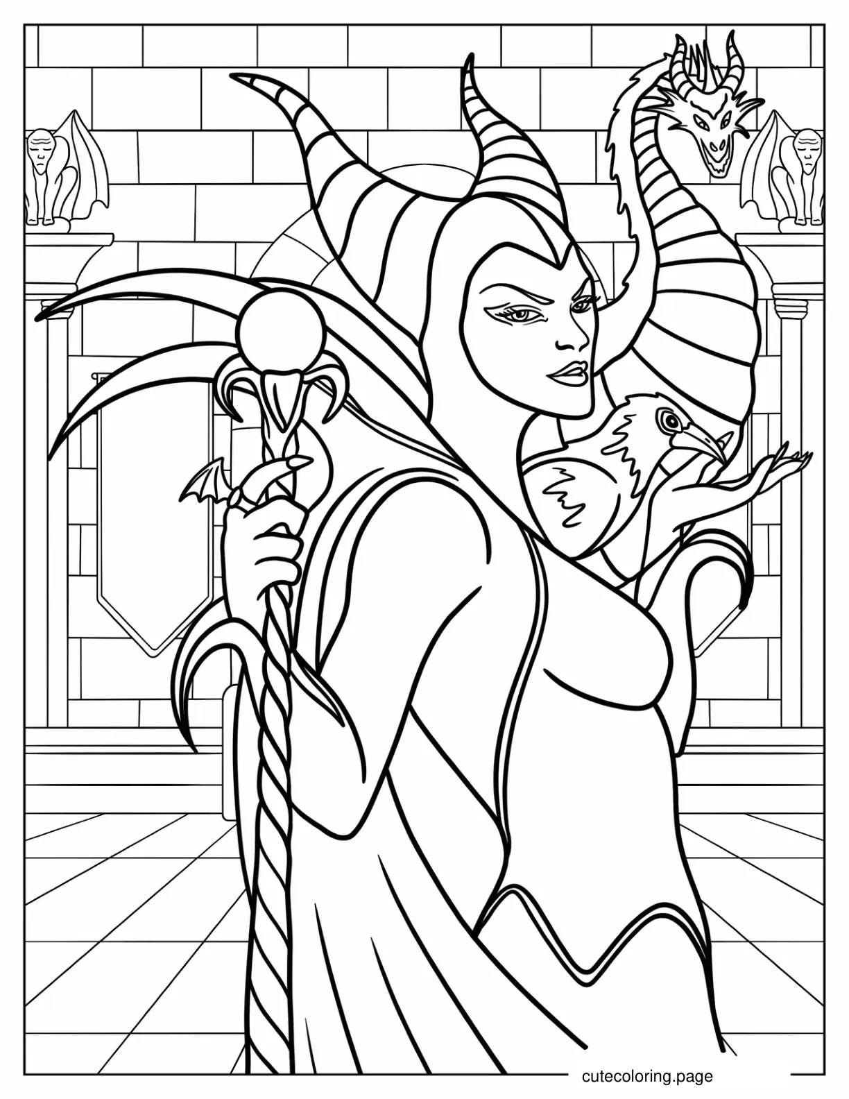 Maleficent With Raven And Dragon Coloring Page coloring page