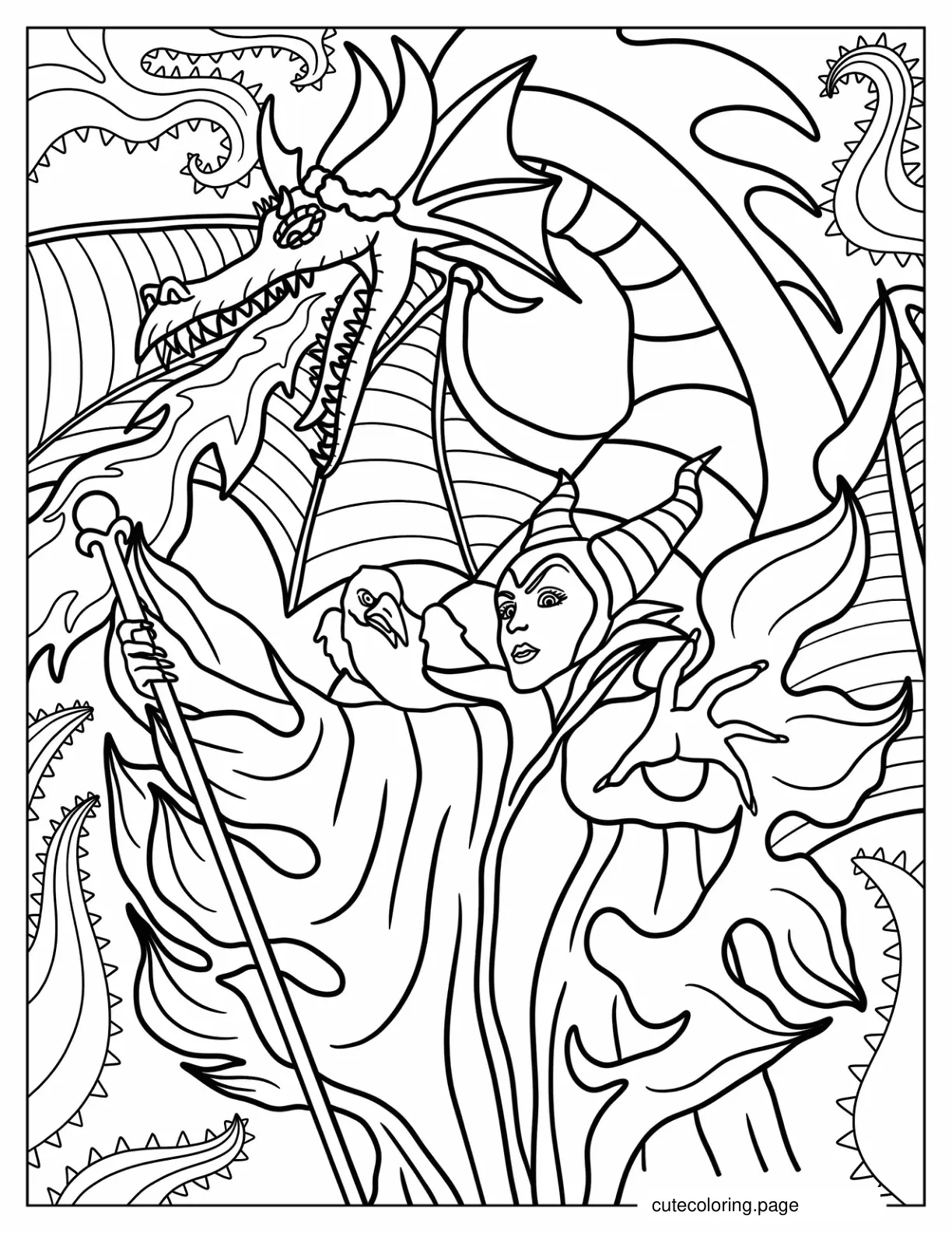 Maleficent With Raven Ordering Dragon To Breathe Fire coloring page