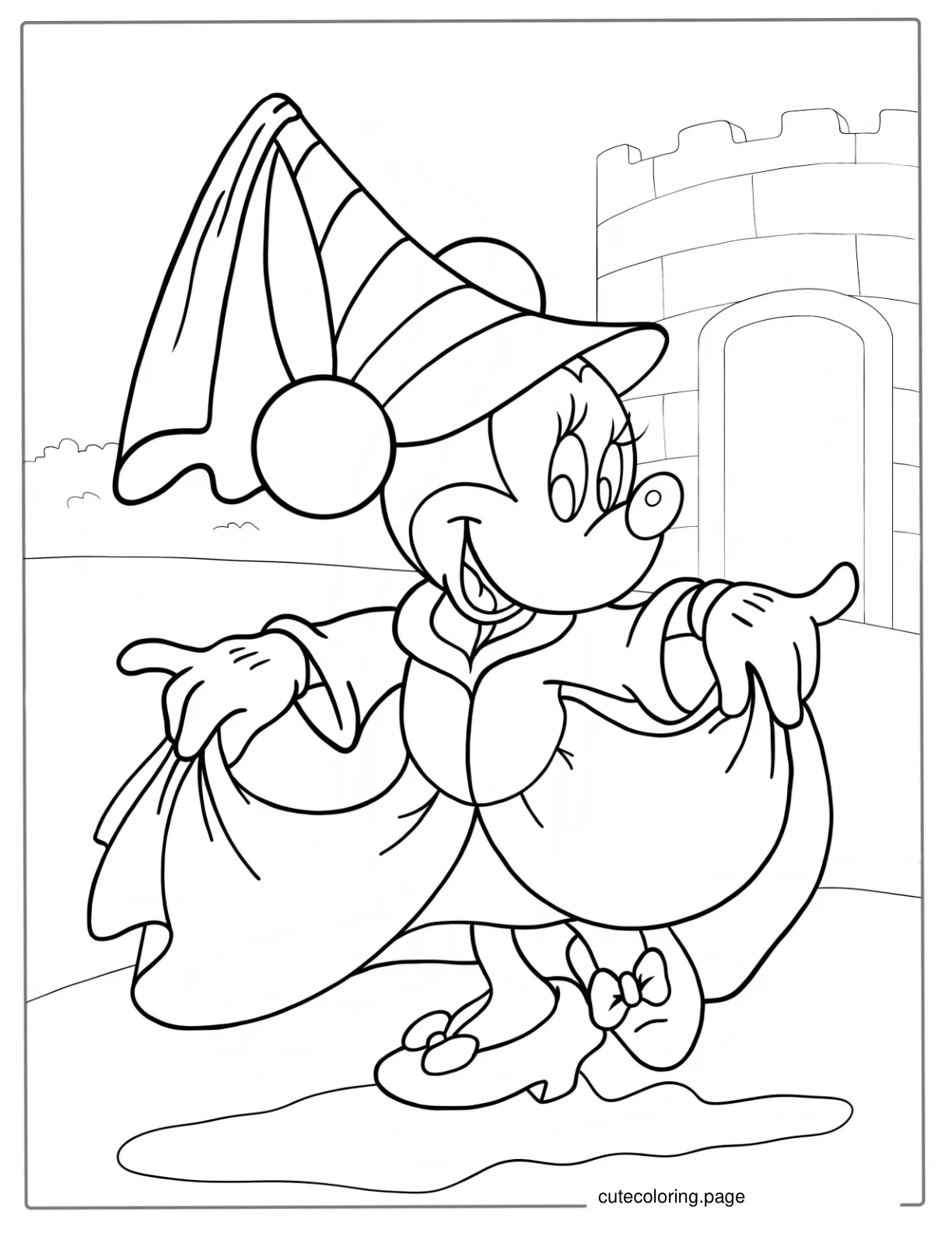 Minnie Mouse In Front Of Castle To Color coloring page