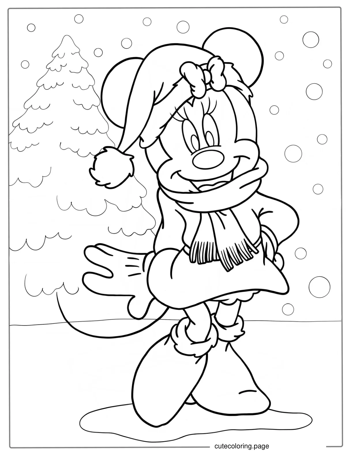 Minnie Mouse Wearing Santa Hat In Snow To Color coloring page