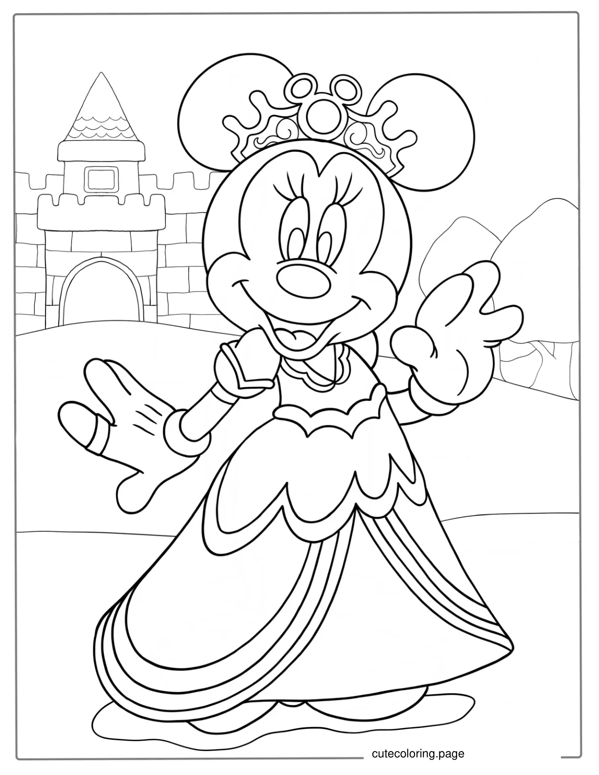 Princess Minnie Mouse Wearing Gown And Crown To Color coloring page