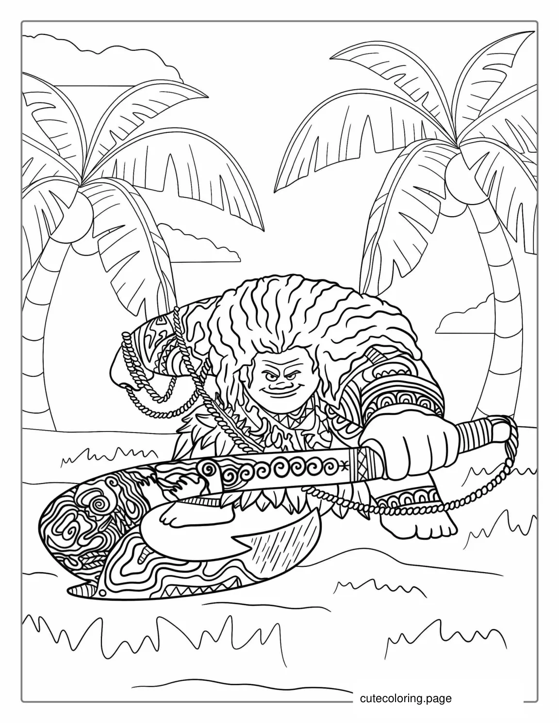 Detailed Maui Holding Bone Fish Hook To Color coloring page