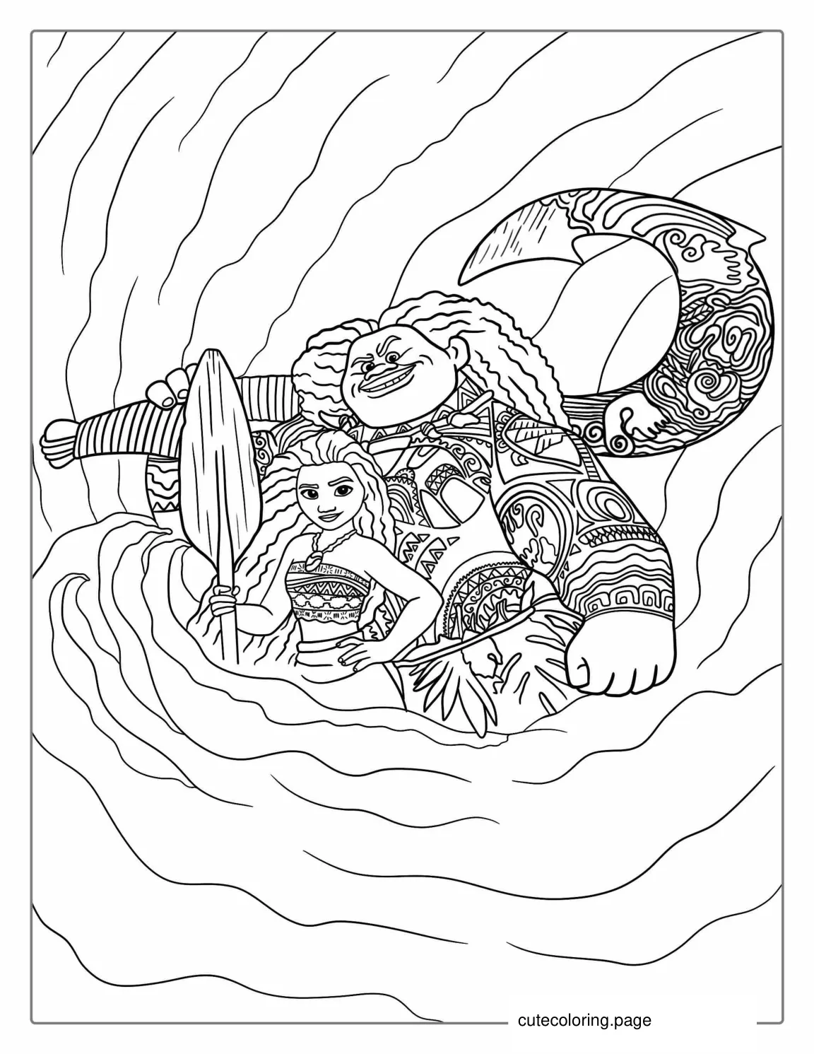 Maui And Moana In The Ocean Coloring Page coloring page