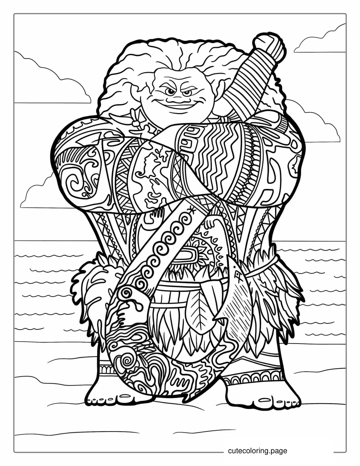 Maui Standing On The Beach With His Fish Hook coloring page