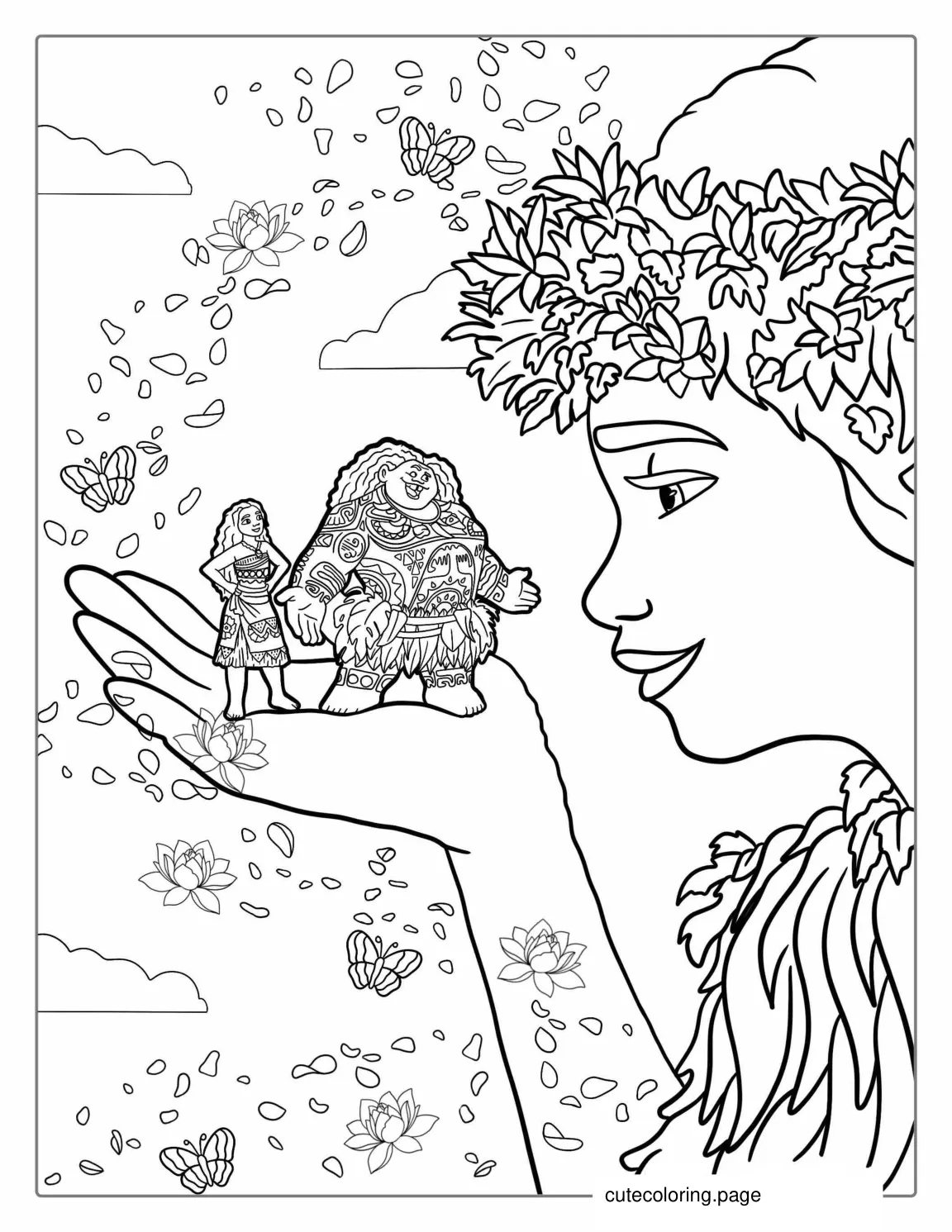 Mother Nature Holding Moana And Maui To Color coloring page