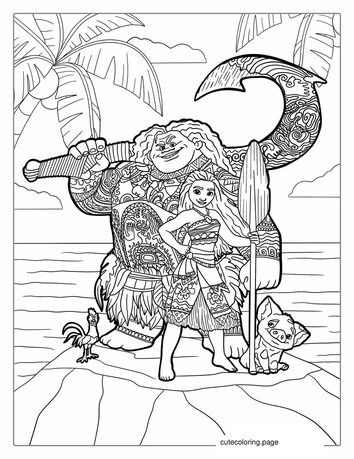 Pau Hei Hei. Moana. And Maui To Color coloring page