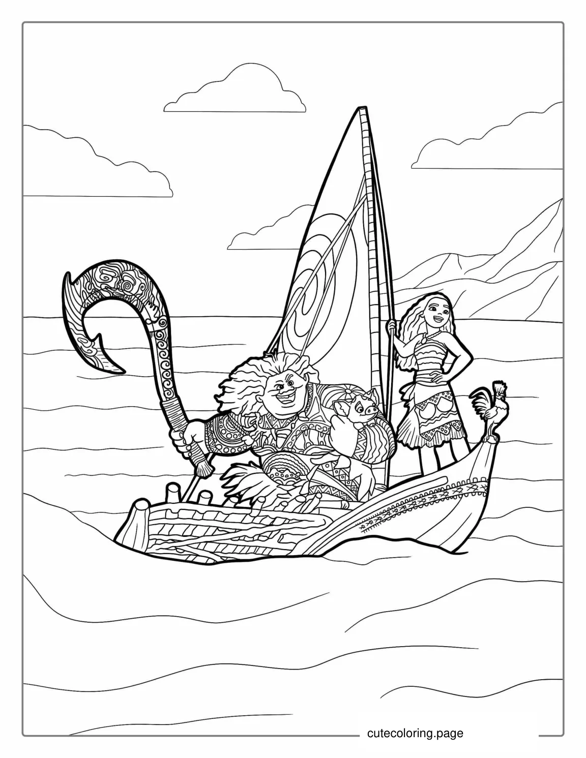 Princess Moana And Maui On a Boat coloring page