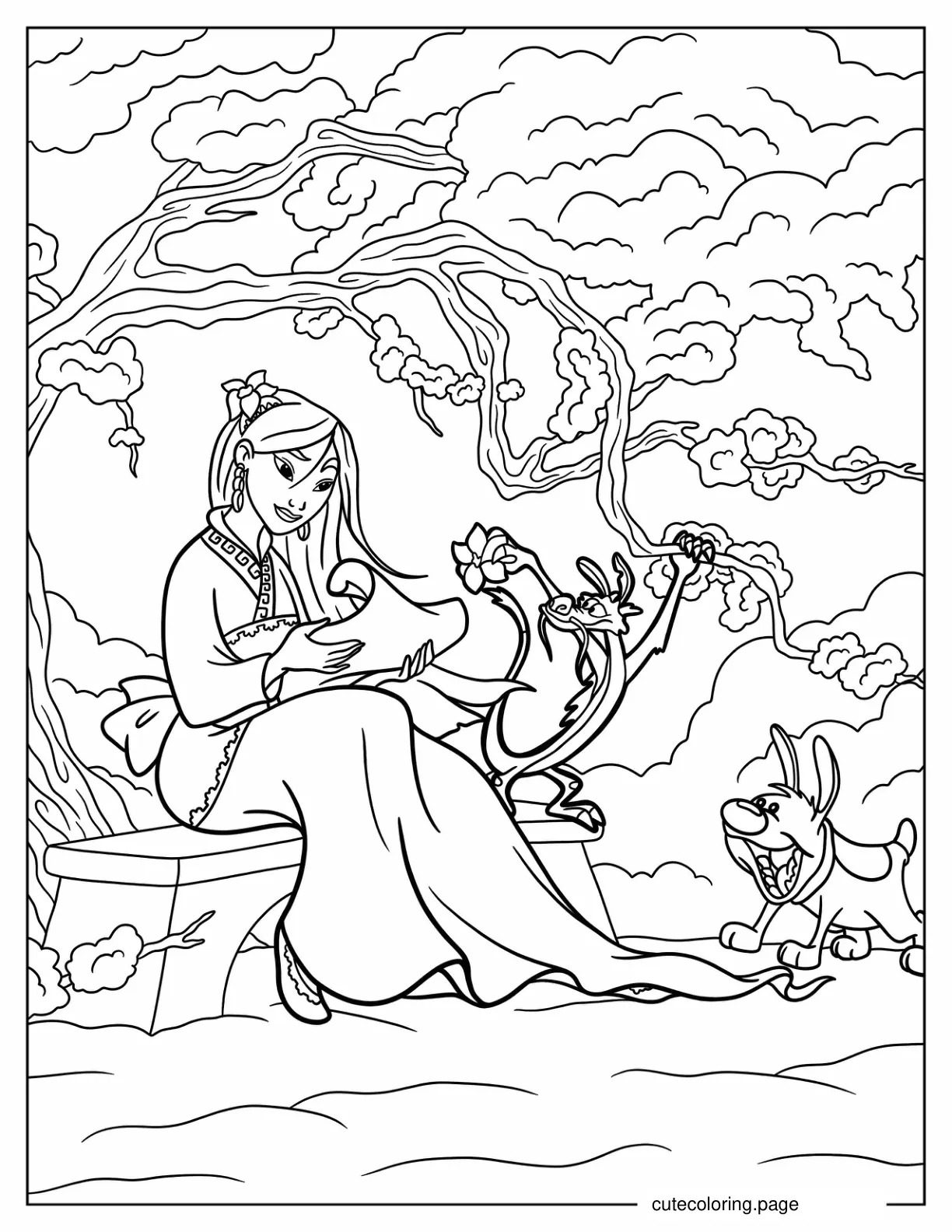 Detailed Coloring Page Of Mulan With Mushu And Little Brother coloring page