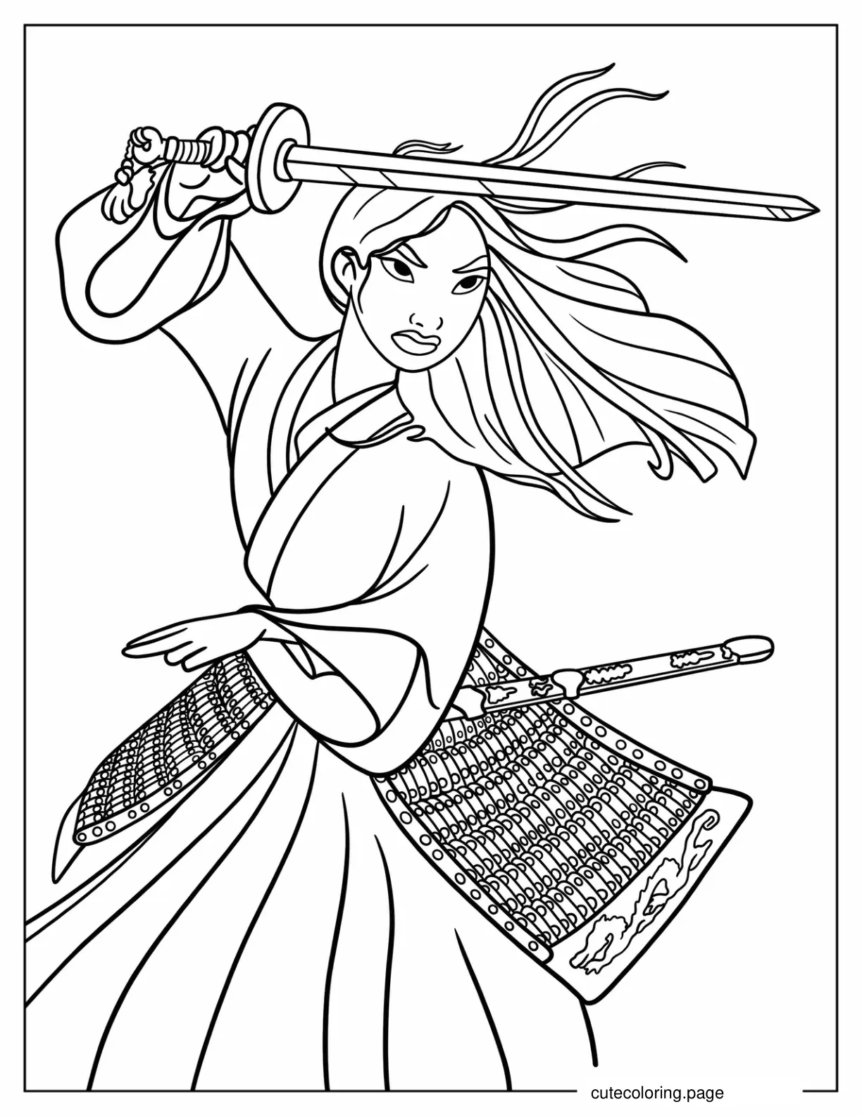 Easy Coloring Page Of Mulan With Sword coloring page